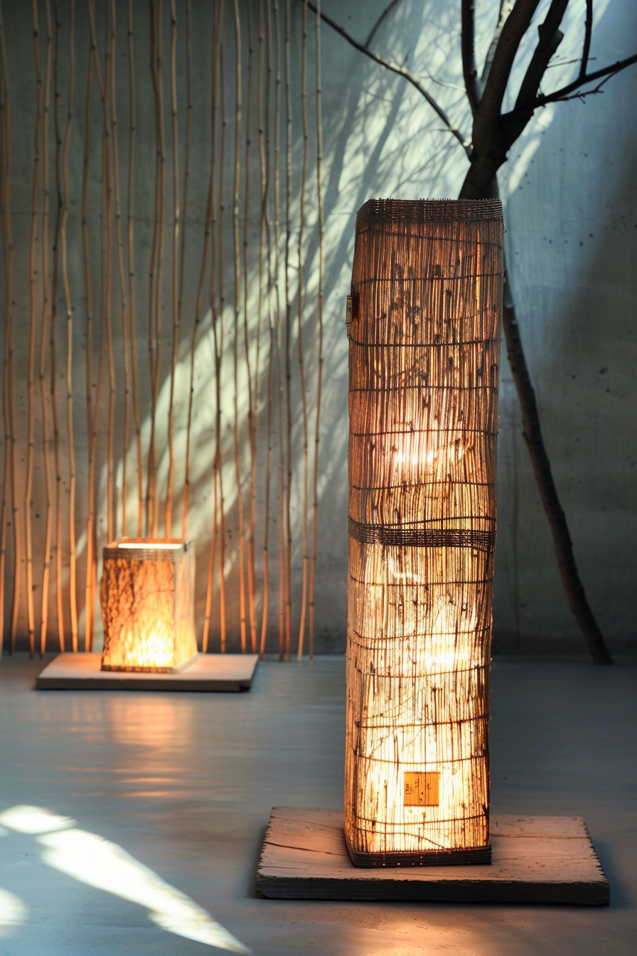 Warmly lit wicker lamps casting intricate shadows on a concrete floor, evoking a serene, natural atmosphere.