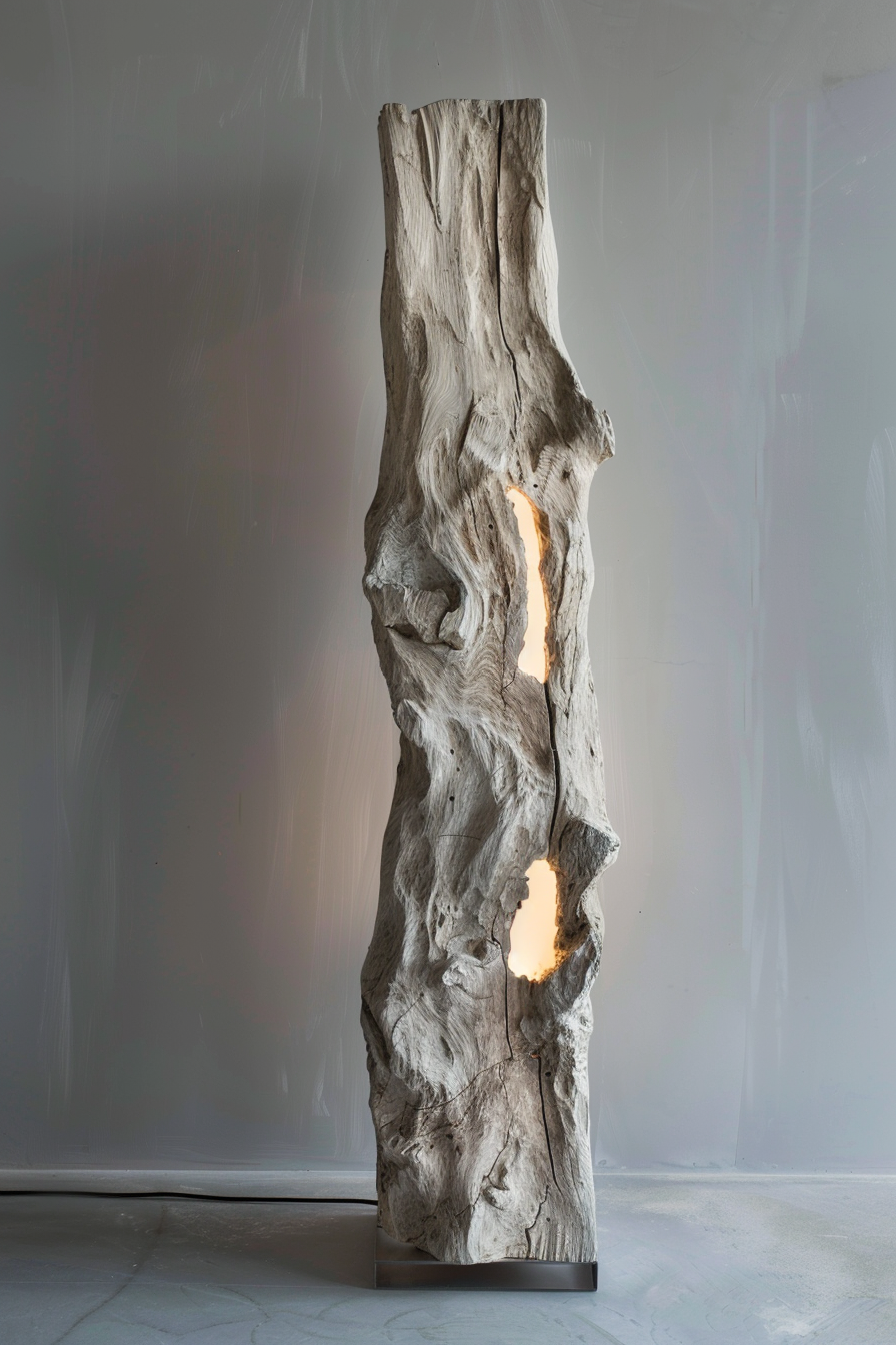 A tall, sculptural piece of weathered wood with natural crevices, lit from within, casting a warm glow, set against a neutral background.