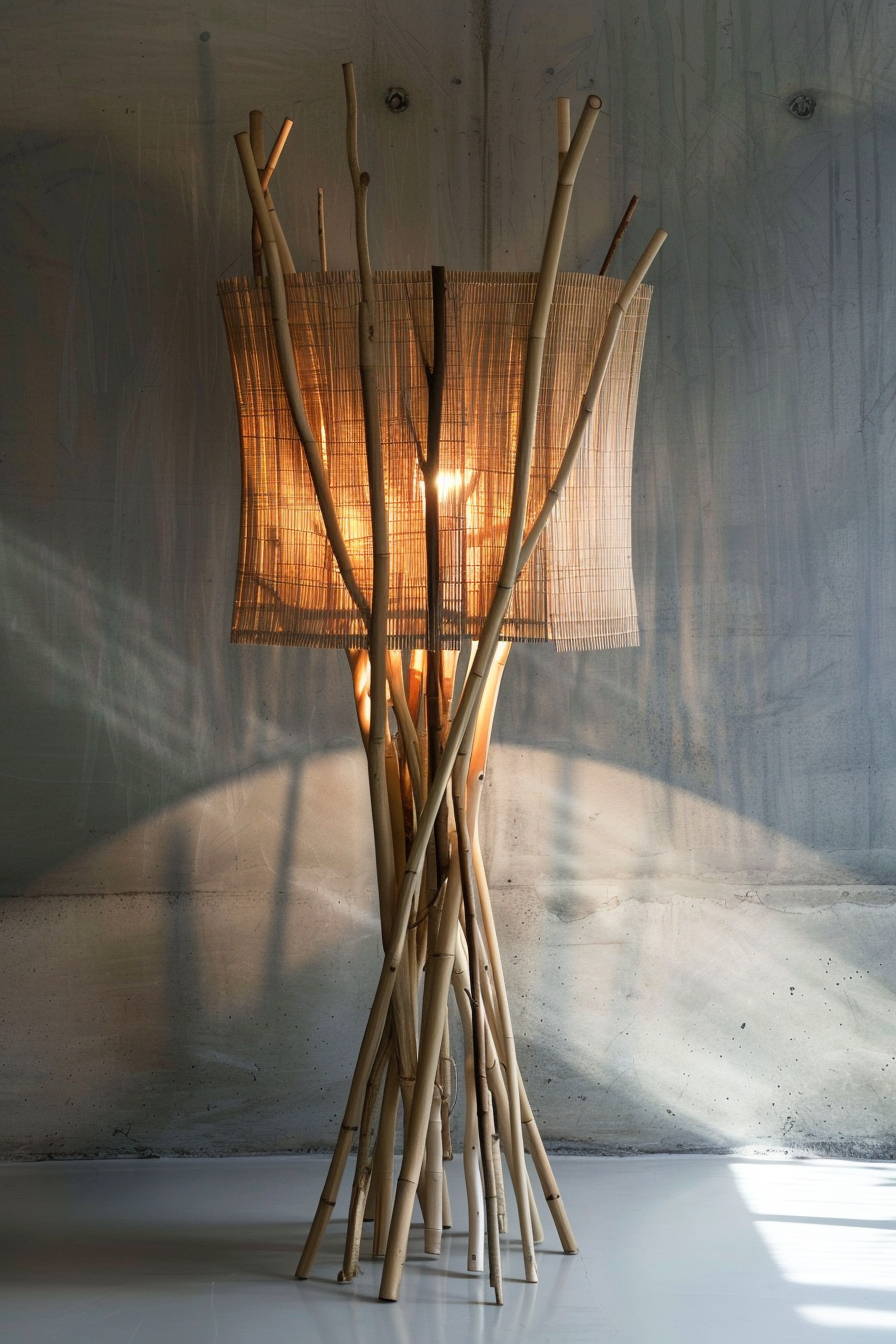 A unique floor lamp with a bamboo-like structure casting warm light and shadows on a concrete wall.