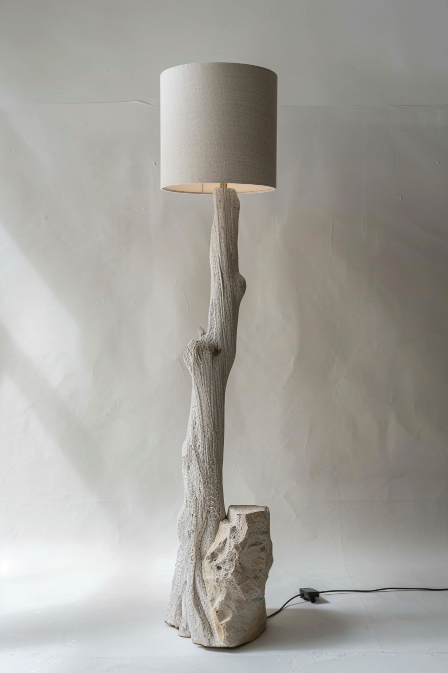 A unique floor lamp with a beige shade on top of an intricate driftwood base, placed against a plain background.