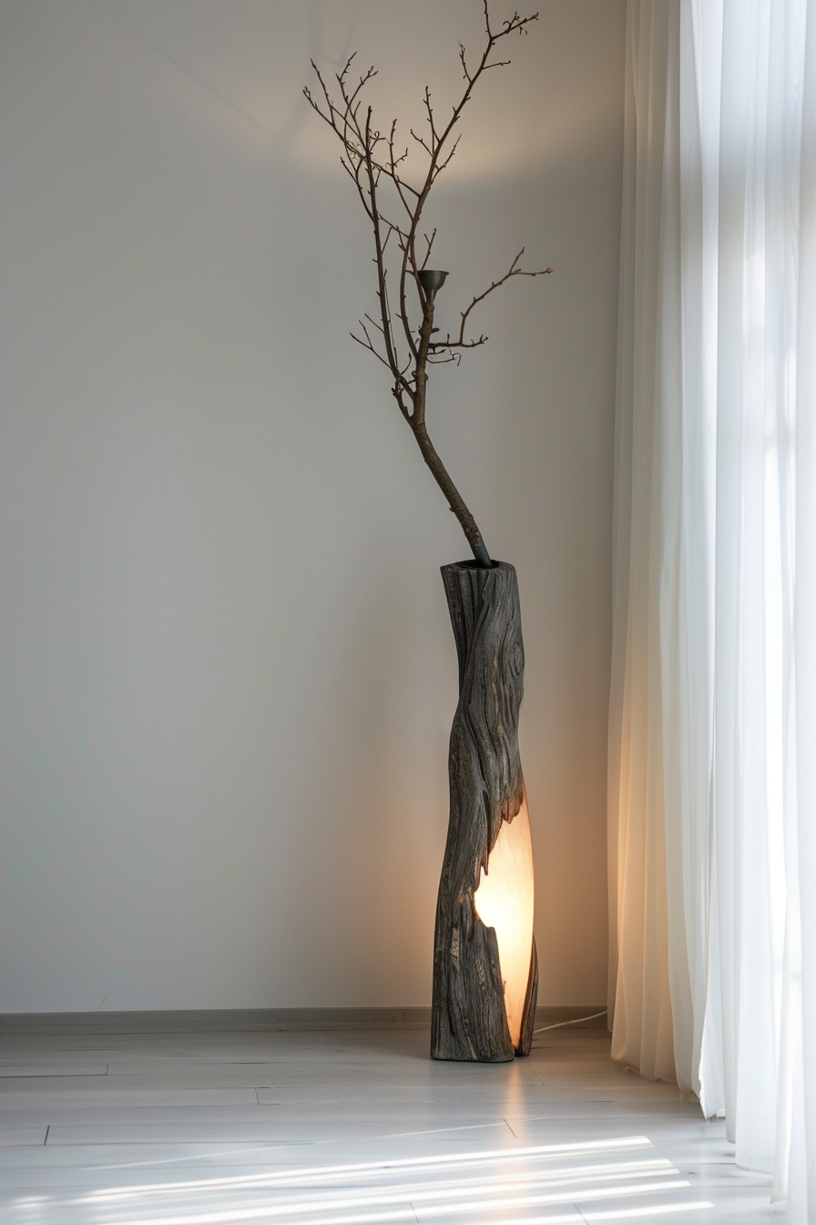 A unique floor lamp made from a hollowed-out log with a light inside and a bare tree branch extending from the top, placed in a minimalistic room.