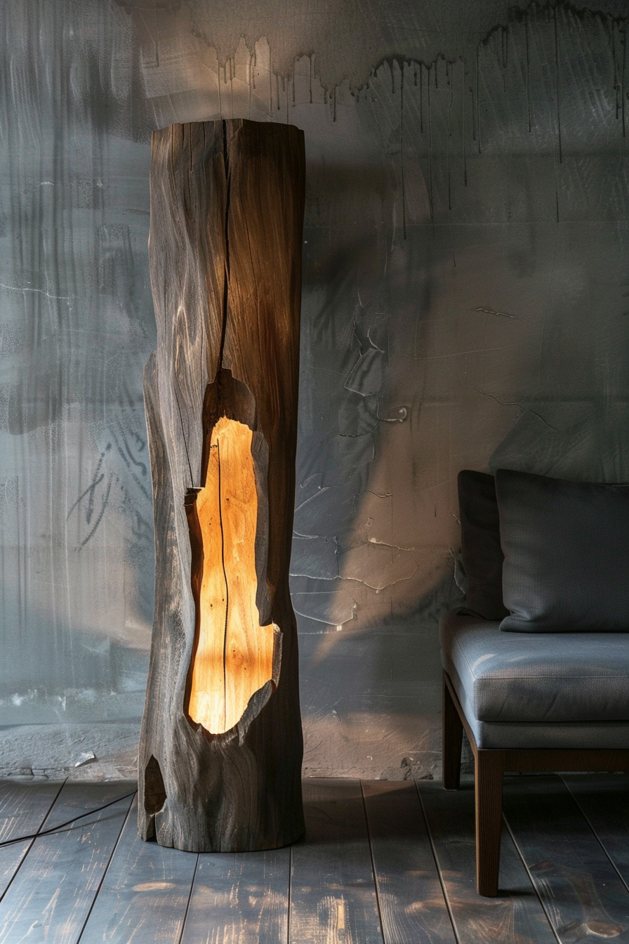 A wooden lamp with a warm light glowing from a carved section, standing beside a dark sofa against a textured grey wall.