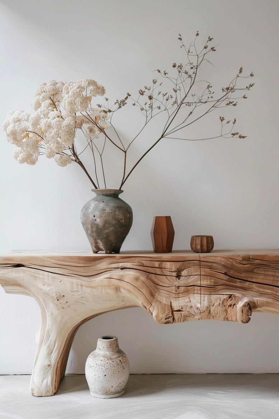 The scene shows a rustic wooden table with a natural edge, enhancing its organic shape and character. On top of the table, there is a large, textured ceramic vase with dried flowers that exhibit large, fluffy white blooms and slender, delicate stems. Next to the vase are two smaller wooden objects with geometric shapes, contributing to the minimalist decor. In front of the table stands a smaller speckled ceramic vase, empty and complementing the natural tones of the scene. The overall aesthetic is one of simplicity and elegance, with a focus on natural materials and textures. A rustic wooden table with a ceramic vase of dried flowers and minimalist wooden decor.