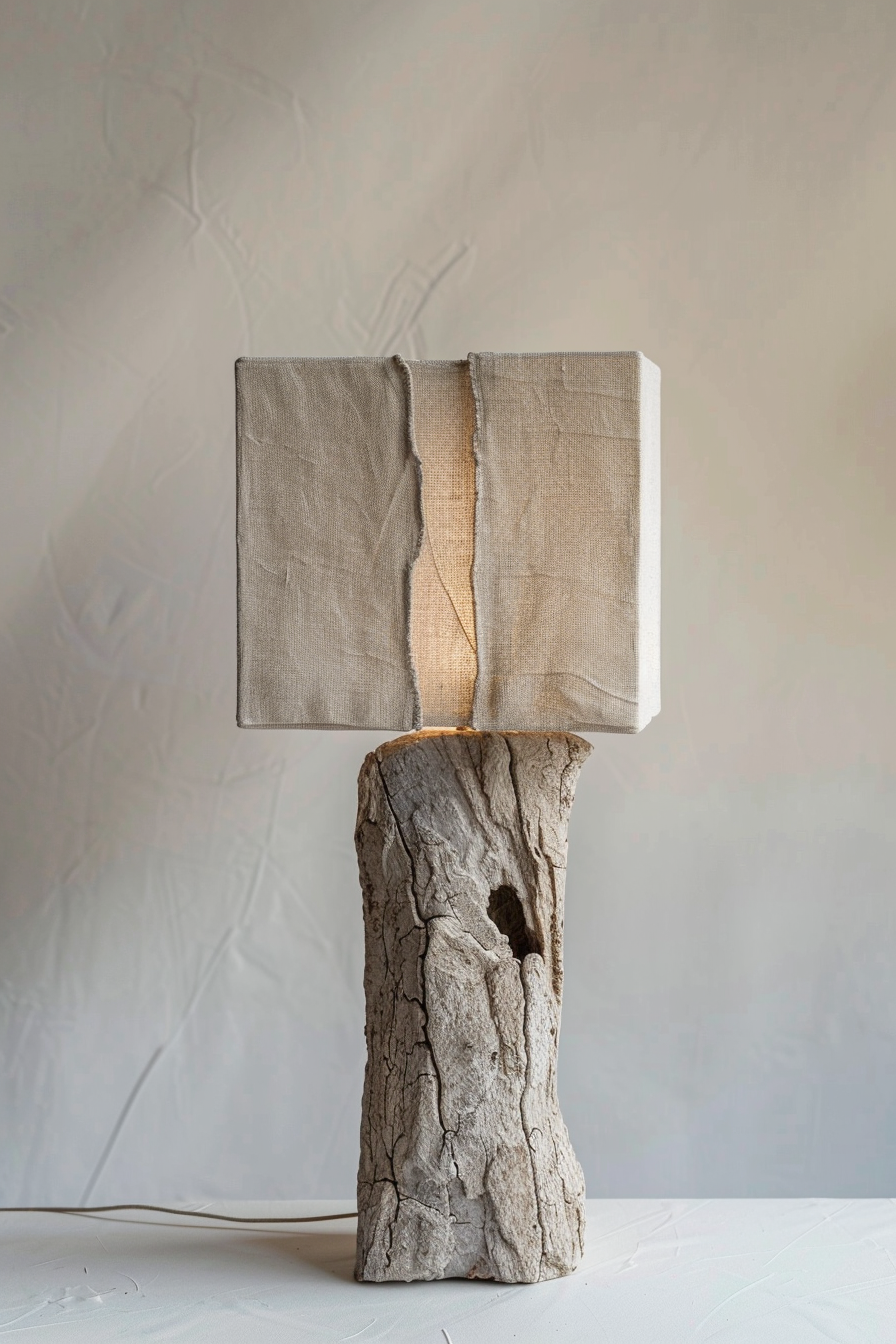 A lamp with a unique design sits against a textured neutral background. The base of the lamp is made of a rustic, weathered tree trunk with a natural hollow section. Perched atop the trunk is a shade that appears to be made of canvas, with a rough, frayed seam running vertically, allowing a warm light to emanate from within. A lamp with a tree trunk base and canvas shade with a frayed seam emitting light.