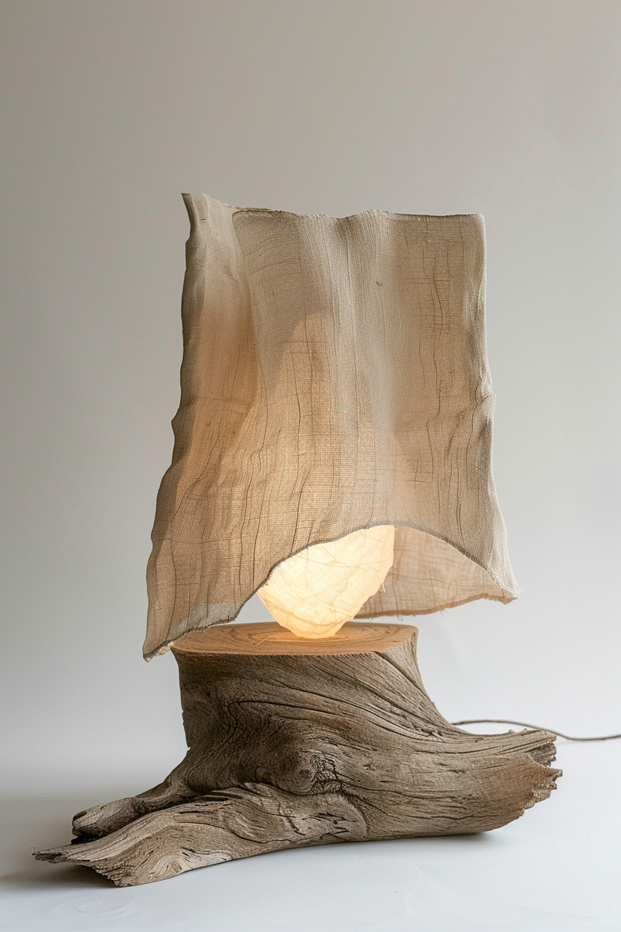 The photograph depicts an artistic lamp made from what appears to be a piece of driftwood as its base and with a roughly rectangular lampshade. The shade seems to be made from a gauzy, translucent fabric allowing a warm light to emanate, giving it an ethereal glow. The lamp is turned on, and its cable is visible trailing off the edge towards the bottom. Unique driftwood base lamp with illuminated translucent fabric shade giving a warm glow.