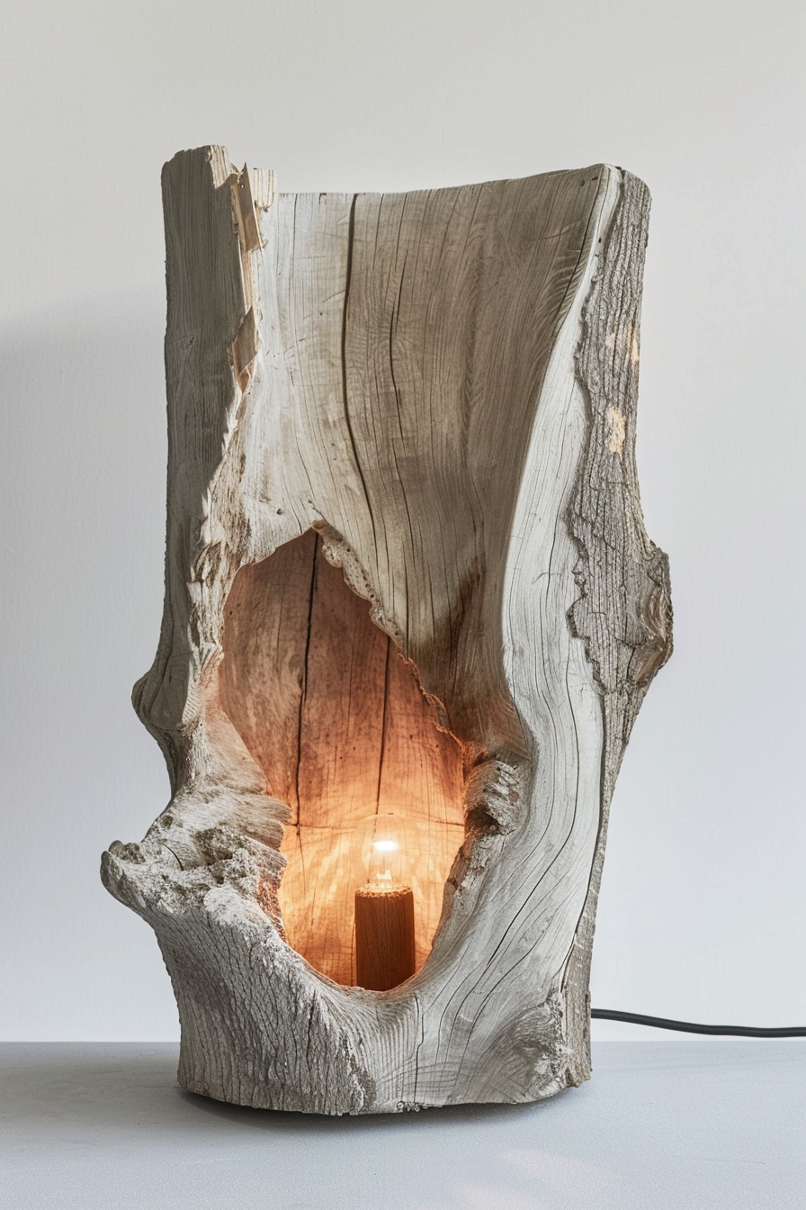 The image shows a unique lamp made from a hollowed-out tree trunk standing on a table. The natural texture and rings of the wood are clearly visible. Inside the hollow section, a warm light bulb emits a soft glow, highlighting the trunk's interior curves and crevices. Wooden tree trunk lamp with a warm glowing light inside, set against a white background.