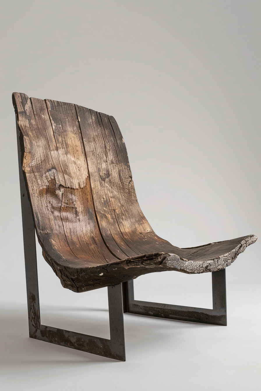 The picture features a unique chair with a rustic aesthetic, crafted from what appears to be a single slab of weathered wood, contoured to form the seat and backrest. The wooden slab sits atop a simple, sturdy metal frame with a dark finish. The grain and texture of the wood are prominent, indicating the piece may utilize the natural form of the timber to influence its shape and character. Rustic chair made from a contoured weathered wood slab on a metal frame.