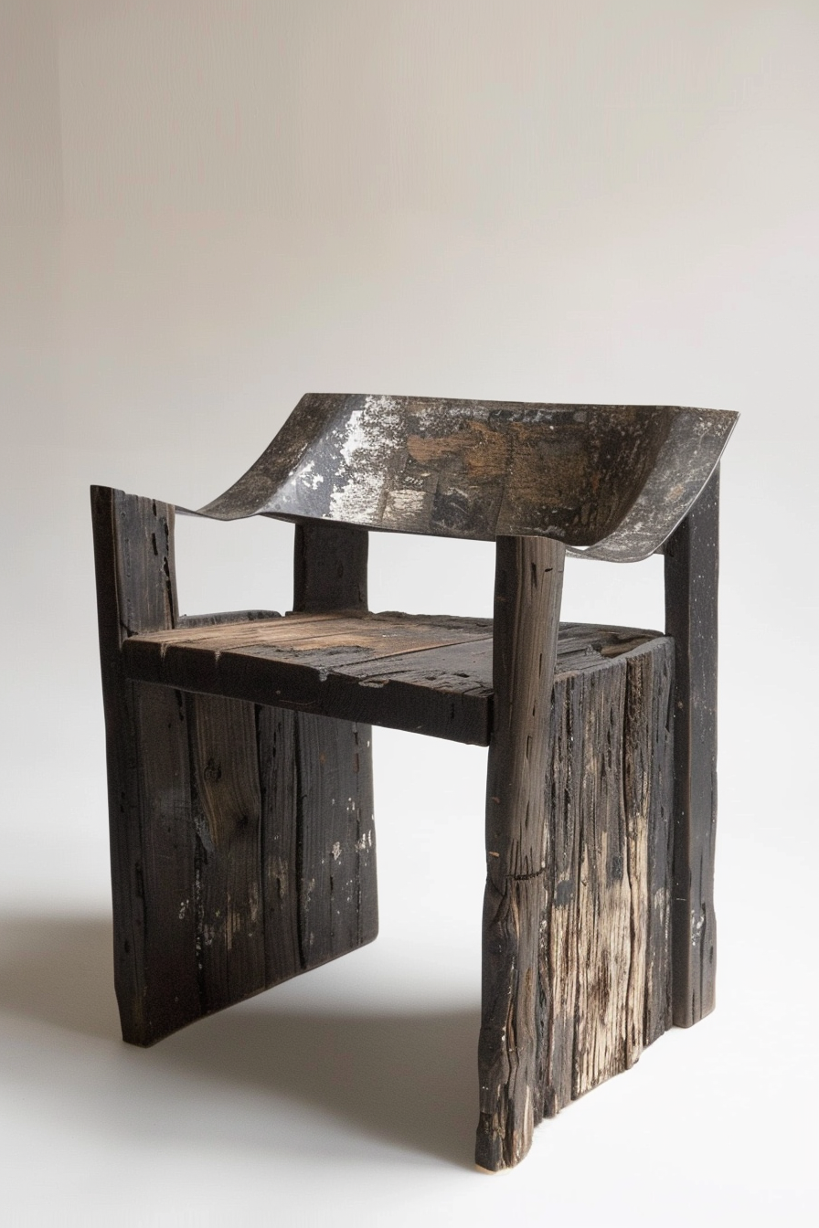 The scene shows a rustic, aged wooden chair with a curved backrest and a solid seat. The wood appears to be worn and has a charred texture, suggesting it may be reclaimed or intentionally styled to look weathered. The chair is set against a neutral background, highlighting its textured and darkened wood surfaces. Rustic wooden chair with a charred finish and curved backrest.