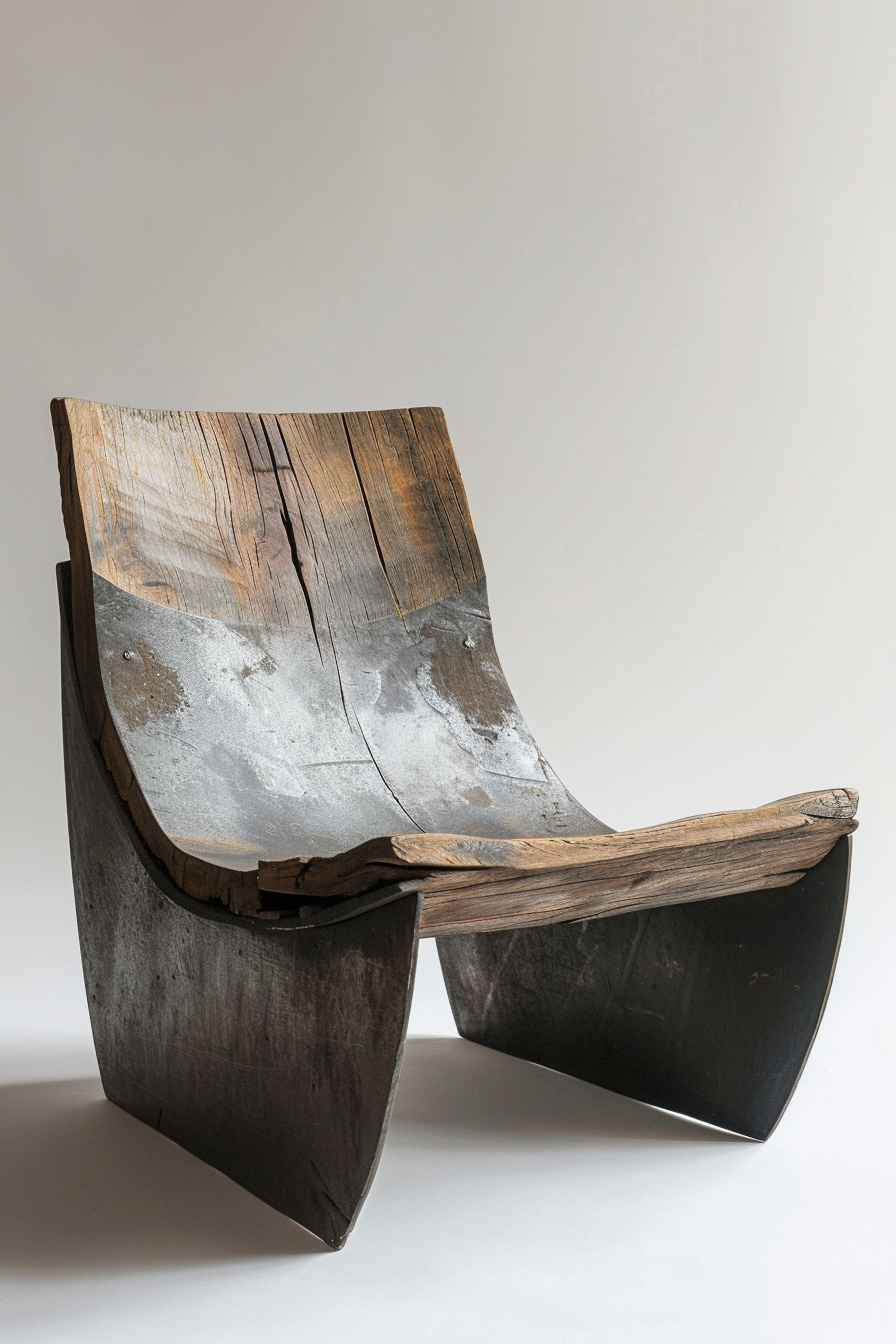 The picture shows a sculptural chair made from what appears to be reclaimed wood planks. The surface of the wood shows a patina of age, with varying colors, cracks, and some residual paint. The chair has a curved seat and backrest, and the legs are angled, giving the piece a dynamic form. It blends rustic aesthetics with modern design. Wooden chair with curved design made from reclaimed planks against a neutral background.