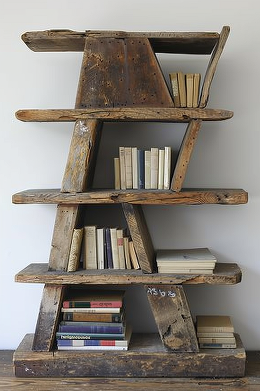 You are looking at a rustic, wooden ladder repurposed as a bookshelf. The ladder has four steps, each serving as a shelf, loaded with an assortment of books. The bookshelf is against a plain light-colored wall, which contrasts with the dark, weathered wood of the ladder. Rustic ladder repurposed as bookshelf filled with books against a light wall.