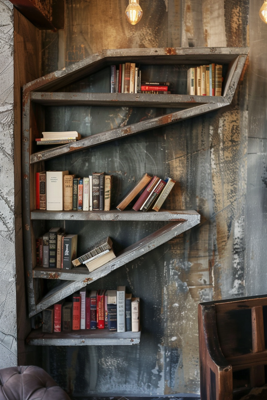 The scene shows an asymmetrical, industrial-style bookshelf mounted on a distressed metal wall. The bookshelf is made of metal and has a unique zigzag design. It contains a collection of hardcover and paperback books arranged haphazardly on its various levels. Some books are upright, some tilted, and one lies flat, protruding from the shelf. Below, a dark, leather armchair can be seen, suggesting this might be a cozy reading area. A warm-toned, vintage lightbulb hangs in the background, adding to the ambiance. Industrial zigzag metal bookshelf with various books against a distressed wall, and a corner of a leather armchair.