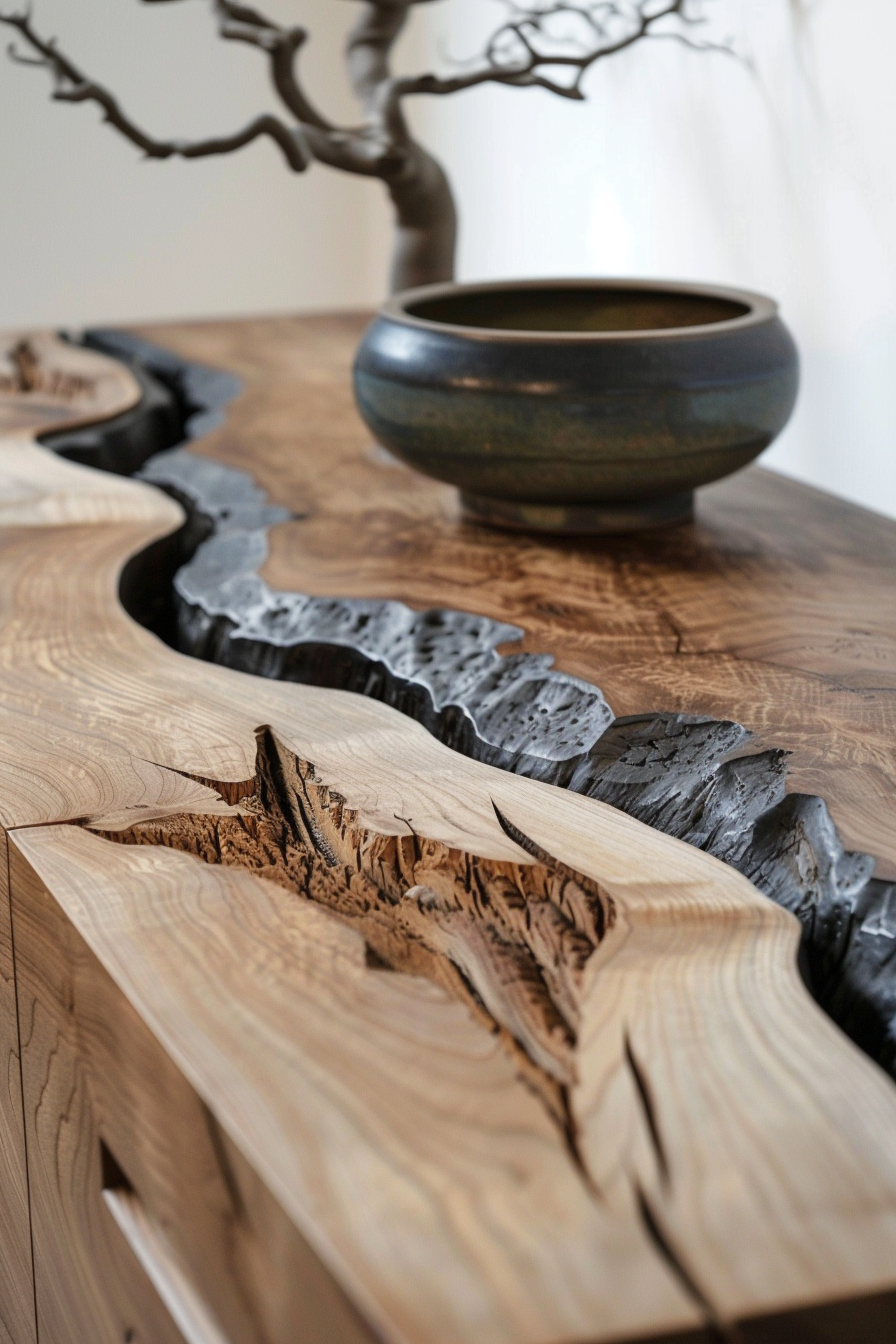 The scene shows a close-up of a wooden table with an elongated natural edge where the grain and the raw edge of the wood are visible. The table has a distinctive crack filled with a darker material, running along its center, adding to its organic aesthetic. A dark-toned ceramic bowl is placed on the table and slightly out of focus in the background, a metallic statue resembling a tree branch with intricate twists enhances the composition by adding an element of nature. The entire setting evokes a sense of modern, rustic decor. Wooden table with natural edge and crack detail, ceramic bowl and metal tree sculpture in the background.