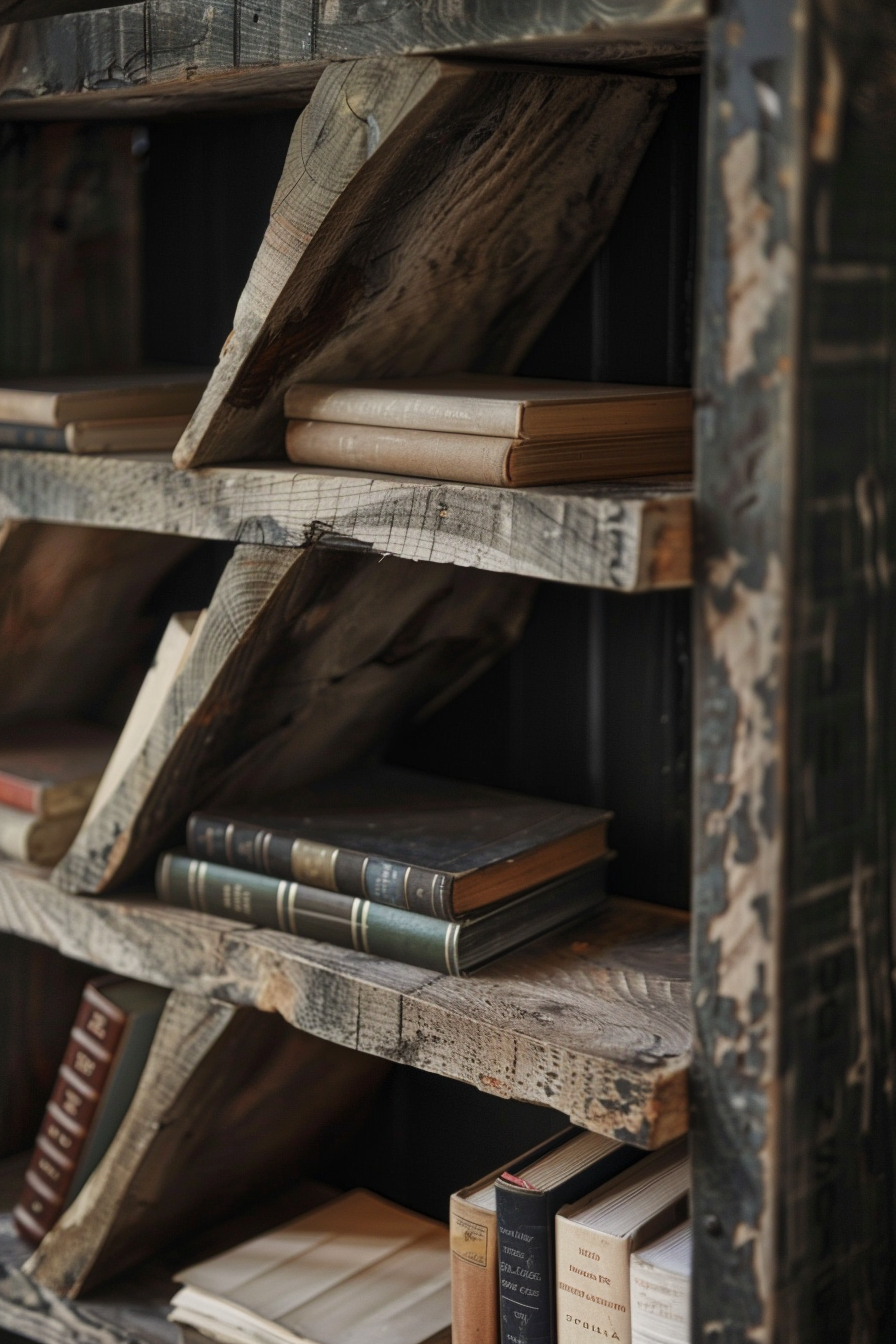 A rustic wooden bookshelf is filled with an array of old, hardcover books, some with their spines showing titles and others stacked or leaning together, showcasing textures and warm earthy tones. ALT: Rustic bookshelf with a collection of vintage hardcover books, some stacked and others upright.