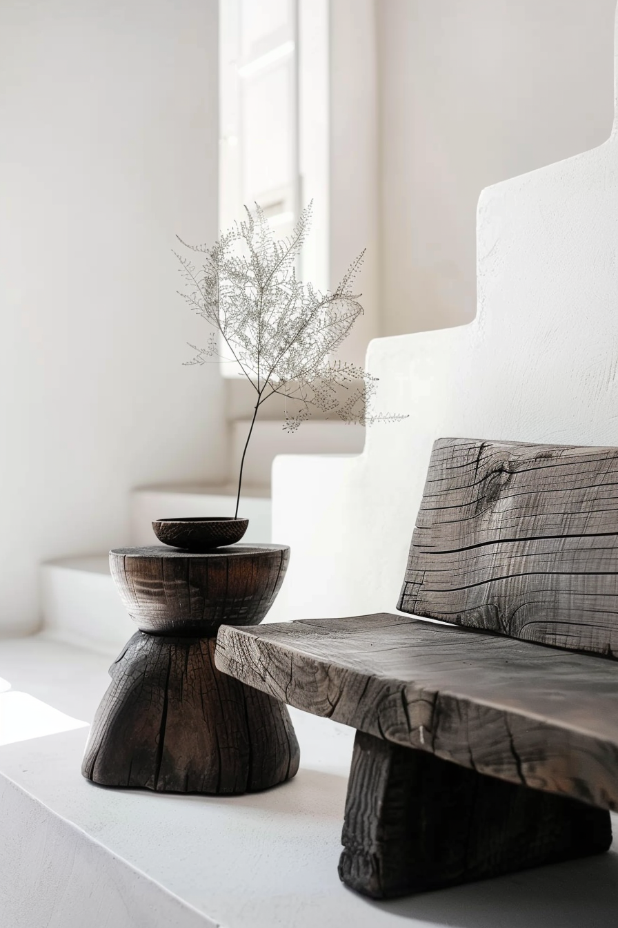 The image shows a serene, brightly lit room with a minimalist aesthetic. A delicate, slender plant with small leaves stands in a small, shallow bowl, which is placed on a chunky, sculptural pedestal that resembles an hourglass in form. Alongside the pedestal, upon a similarly styled wooden bench, we observe pronounced wood grain that highlights the rustic elegance of the furniture. The white, textured wall and the soft, natural light pouring in through the windows create a tranquil and inviting space. Minimalist interior with wooden bench and pedestal holding a delicate plant.