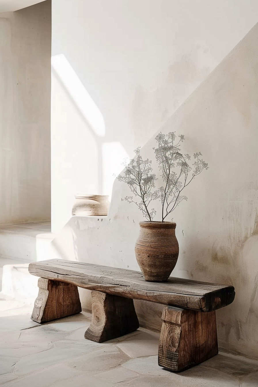 The picture shows a minimalistic interior scene with a strong natural and rustic feel. A rough-hewn wooden bench, characterized by its thick, sturdy legs and a long, flat seat, occupies the foreground. The bench stands on a stone tiled floor, complementing its natural aesthetic. On top of the bench rests a weathered clay vase with a delicate, dried plant displaying fine, detailed branches. Sunlight shines through an unseen window, casting sharp, angular shadows on the plain, textured wall behind the bench, highlighting the wall's uneven surface. The natural lighting adds warmth to the scene and accentuates the organic textures and materials present. This simple yet evocative composition creates a peaceful, serene atmosphere. Rustic wooden bench with a clay vase and dried plant in a sunlit minimalist interior.