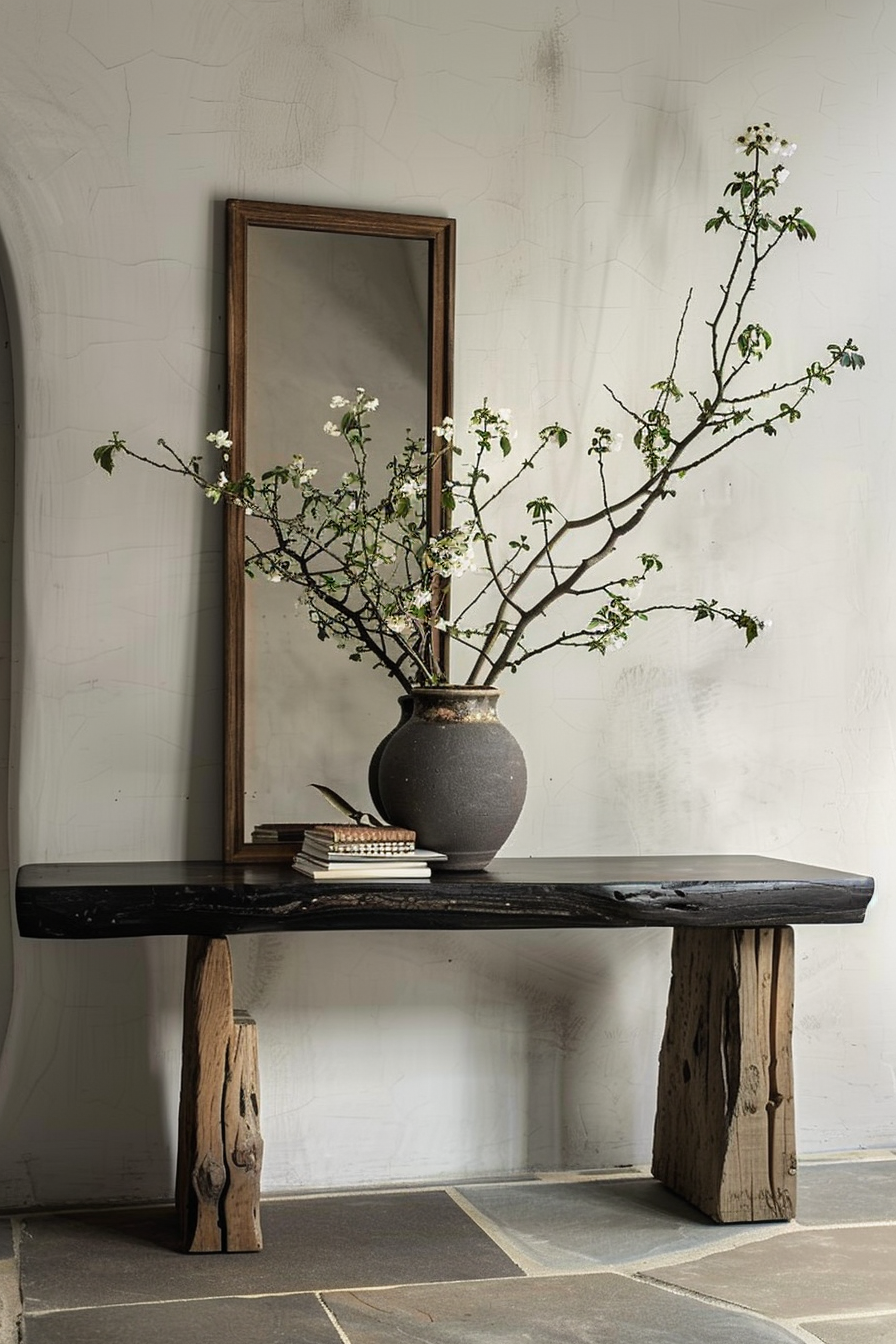 A rustic wooden bench with a textured finish stands against a textured wall. On the bench, there is a tall, dark vase with branches that have small leaves and white flowers. Next to the vase, a small stack of books with a bird figurine on top adds a decorative touch. Behind this arrangement, a tall, narrow mirror with a dark frame leans against the wall, reflecting parts of the branches and the room's stone floor. Rustic wooden bench with tall vase, flowering branches, books, bird figurine, and leaning mirror.