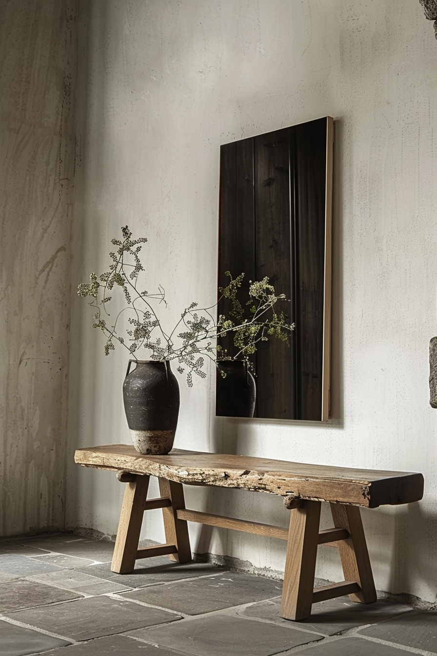 The scene depicts a rustic wooden bench placed against a textured white wall. On the bench rests an earthenware vase containing delicate branches with small leaves, which partially reflect in a dark, tall rectangular mirror hanging on the wall above the bench. Shadows and soft light create a serene and somewhat moody atmosphere. Rustic wooden bench with a vase of branches and a dark mirror on a textured wall.
