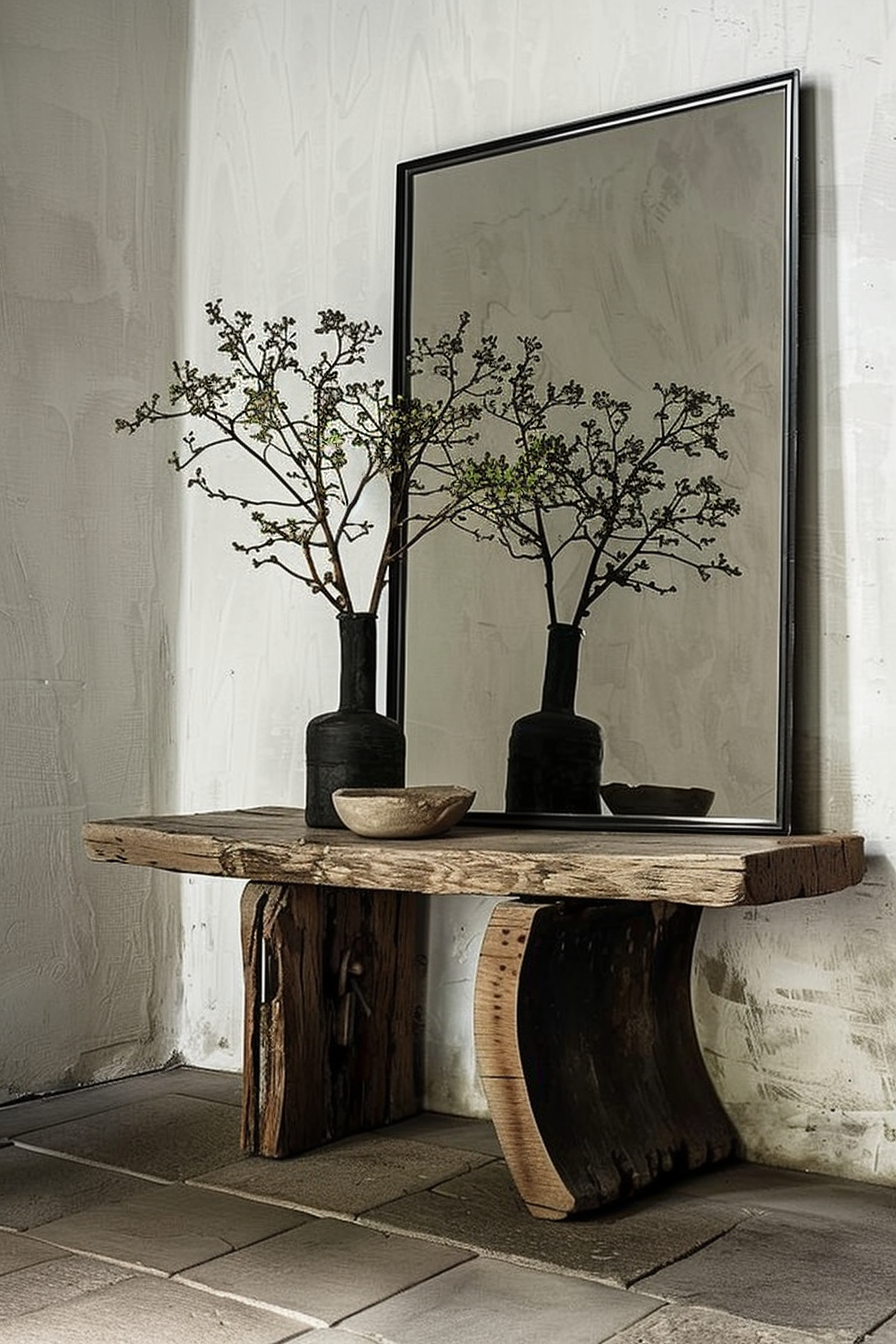The scene features a rustic wooden bench supported by two thick log pieces, placed against a textured white wall. On top of the bench are two slender black vases holding leafy, budding branches. Between the vases rests a small, shallow bowl. Behind the arrangement is a large mirror with a simple black frame, reflecting the vases and the branches, as well as the wall's texture. The floor is tiled in muted tones. Rustic wooden bench with black vases and budding branches, a bowl, and a mirror reflecting the arrangement.