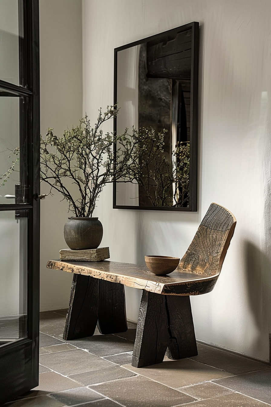 The scene features a rustic wooden bench and a wooden bowl on a tiled floor. Above the bench is an elongated wooden slab that acts as a tabletop, where another wooden bowl rests alongside a sizable, dark vase holding a leafy branch. On the wall hangs a large mirror with a simple black frame, reflecting the textured white wall opposite it, and in the reflection, there appears to be a lamp or similar light fixture. Natural and soft lighting enhances the warm, earthy tones of the wood and the serene ambiance of the space. Rustic wooden bench with vase and branch, a bowl on a wooden tabletop, and a large framed mirror on the wall.