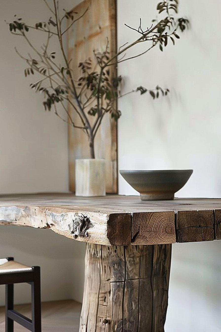 The scene shows a rustic wooden table with a visibly textured surface and a sturdy base that appears to be made out of a tree trunk. On top of the table is a large shallow bowl with a matte finish, positioned on the right side. Behind the bowl and to the left, there's a clear glass vase holding a branch with small leaves or flowers. Behind the vase, a wooden planked backdrop provides a neutral background with a soft natural light illuminating the space, enhancing the organic and calm aesthetic of the setting. Rustic wooden table with bowl and vase with branches against a wooden backdrop.