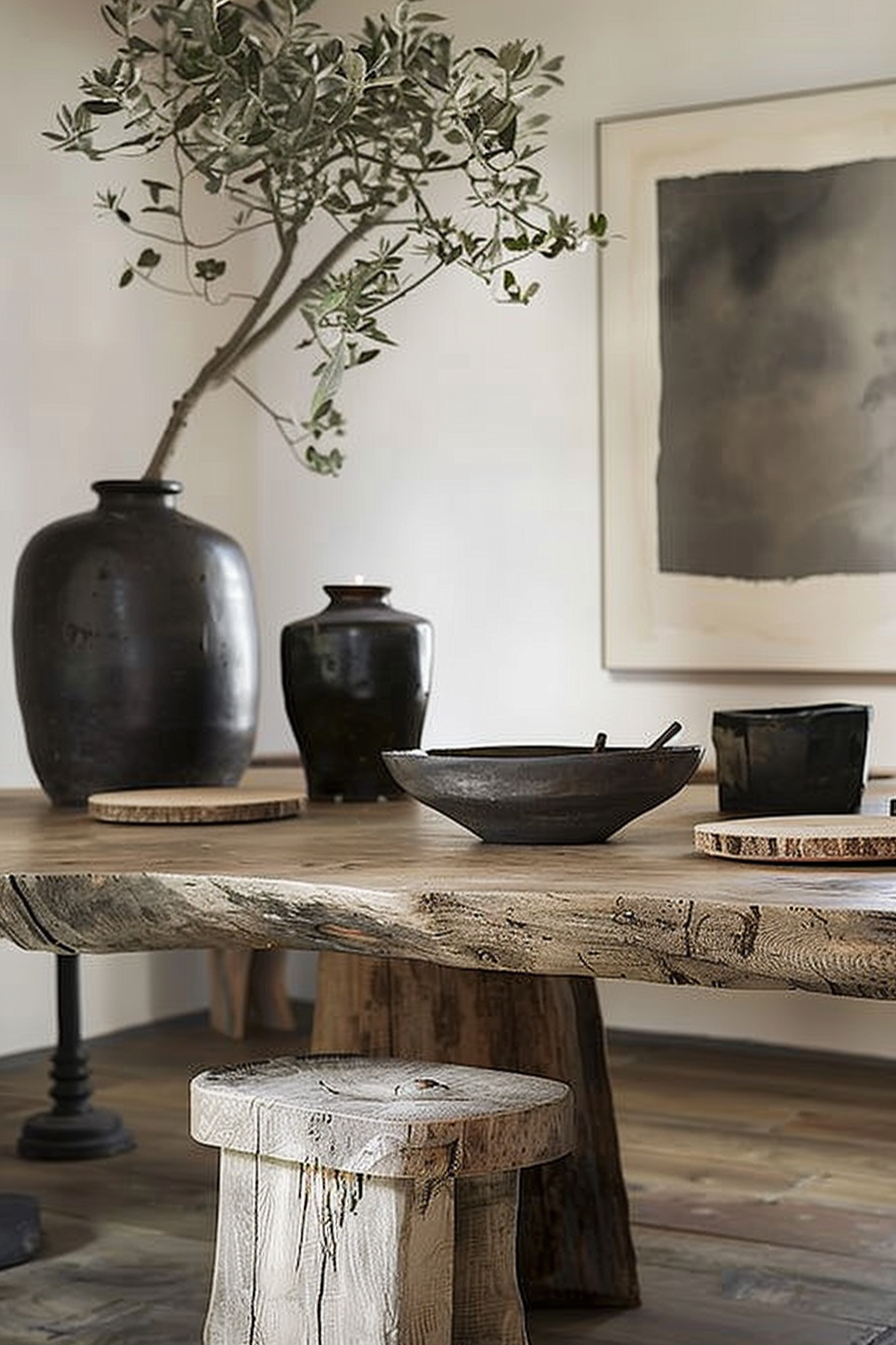 The scene shows a rustic interior design setting with a wooden table at its center. Atop the table are various ceramic pieces, including a large, black vase holding a leafy green branch, which adds a natural touch. Beside the vase is a smaller black jar, and in front is a wide bowl accompanied by a wooden serving spoon. On the right, there is a black cup next to a circular wooden coaster. The texture of the wood table is prominently visible, highlighting its natural grain and rugged look. A wooden stool with a visibly weathered surface stands on the left, reinforcing the rustic aesthetic. In the background, a large abstract painting with dark hues hangs on the wall, complementing the scene's color palette. Rustic wooden table with black ceramic vase and green branches, stool, and abstract wall art.