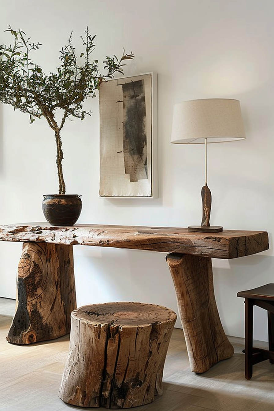 The scene displays a rustic wooden desk with a nature-themed design accompanied by a matching wooden stool. On the desk sits a potted plant with a structured, bonsai-like appearance. Off to the side, a floor lamp provides soft lighting, and an abstract piece of art in muted tones hangs on the wall. The overall ambiance is one of natural serenity, blending organic wooden textures with simple, modern decor elements. The floor is a pale wood, complementing the aesthetic of the furniture and contributing to the room's light and airy feel. Rustic wooden desk and stool with a bonsai tree, abstract art, and a floor lamp in a modern room.