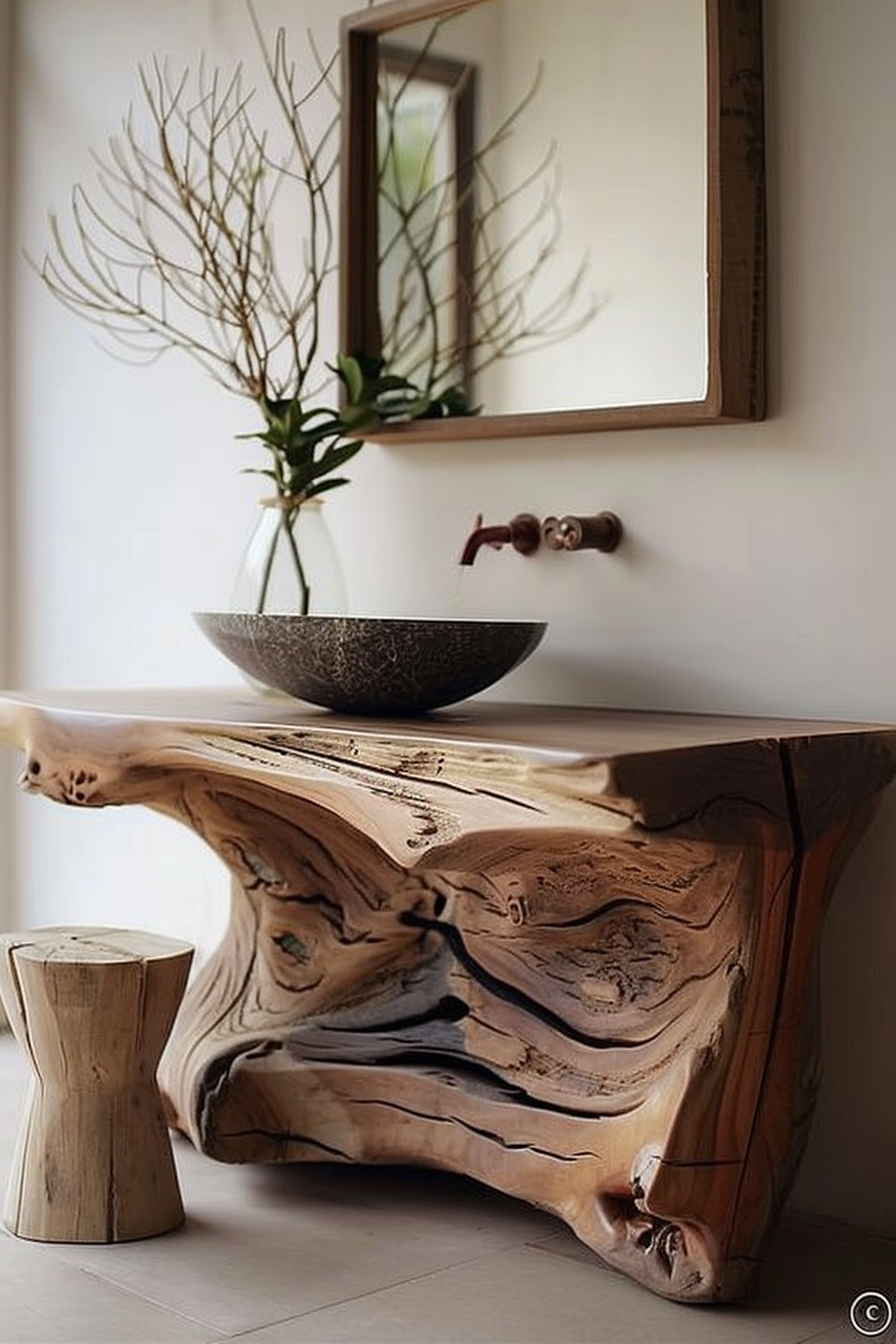 A rustic wooden sink stand with natural edges holds a stone basin, with a wall-mounted faucet and a mirror with a wooden frame above it. A small wooden stool sits to the side. Wooden sink stand with natural form holding a stone basin, accompanied by a simple stool and framed mirror.