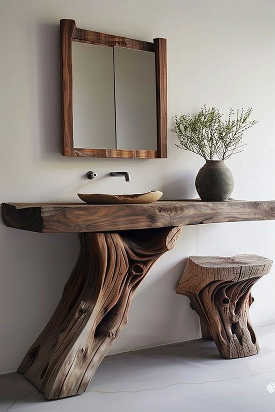 The scene displays a rustic wooden vanity with a unique natural design, supported by a freeform wooden base that mimics the shape of a tree trunk. Above the vanity, there's a wall-mounted mirror encased in a thick wooden frame. A simple faucet protrudes from the wall above the sink. The sink itself is a shallow vessel made of a material that looks like stone or ceramic with a beige hue, resting on the wooden surface. To the right, a clay vase holding a small leafy plant sits at the corner of the vanity. Below the vanity, a matching wooden stool with design elements echoing the base of the vanity is visible. The colors are earthy and natural, with the light wall offering a clean backdrop to the organic shapes and textures of the wood. Rustic wooden vanity with natural design, stone sink, wooden framed mirror, and a plant in a vase.