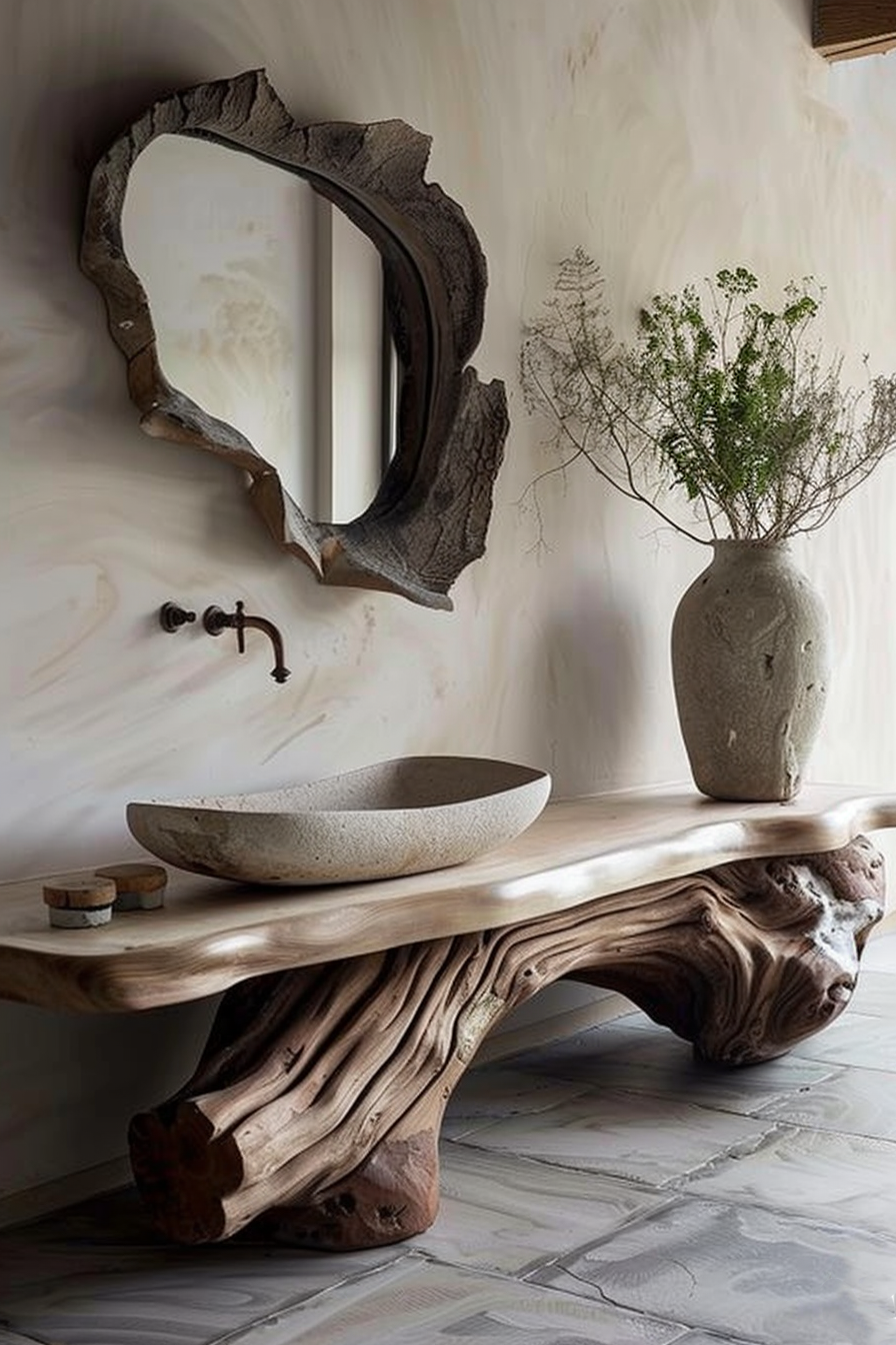 The scene shows a rustic and elegant bathroom vanity area. The vanity table is made from a polished natural wood slab with irregular edges, giving it a unique and organic shape. It rests on robust wood supports that also have a natural form. On top of the vanity lies a stone basin sink, which complements the earthy tones and materials of the wood. To the right of the sink, there's a large tall vase, also in a natural stone texture, holding an arrangement of wild greenery that adds a touch of life to the setting. Behind the basin, mounted on the wall, there's a simple yet vintage-looking faucet. Above the vanity table, a mirror is hung. The mirror has a fragmentary and rugged wooden frame, enhancing the natural aesthetic of the space. The wall behind the vanity has a soft marbling effect, and the floor is tiled in a herringbone pattern, giving the whole setting a well-balanced blend of refined and rustic elements. Rustic bathroom vanity with a natural wood slab, stone basin, and rugged framed mirror.