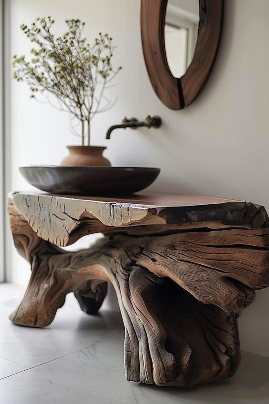 In the foreground, there's a piece of furniture with a rustic design resembling a natural wooden formation, which serves as a base holding a shallow, rounded bowl on top. In the bowl, a vase containing tall, slender plants or flowers is placed. Above the setup, hanging on the wall, there is an oval, wooden-framed mirror. The mirror reflects part of the room and a metallic spigot protruding from the wall. The setting suggests a stylish and naturalistic interior decor. Rustic wooden furniture with bowl and vase with plants, beside an oval mirror and wall spigot.