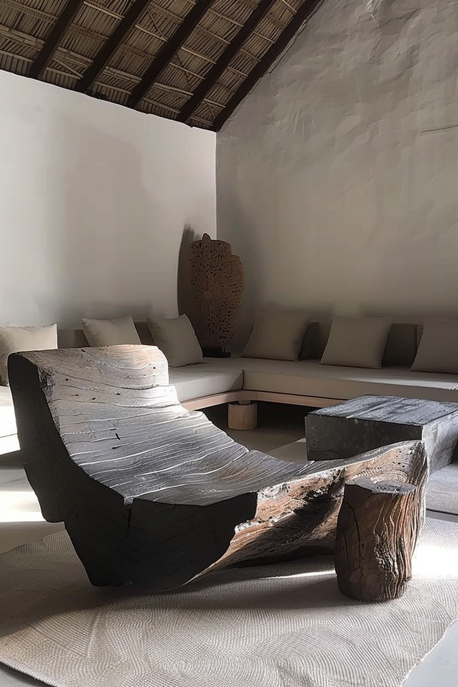 The scene shows a minimalist room with a rustic aesthetic, featuring a large sculptural wooden chair in the foreground. The chair is rugged and seems to be carved from a single piece of wood, highlighting its natural textures and grain. Behind the chair, there's a neat, low-profile sitting area with a white cushioned bench adorned with several pillows against a white wall. On the right-hand side, a large textured art piece is partially visible, complementing the earthy tones and organic shapes in the room. The ceiling is made of thatch, providing a warm, natural feel that contrasts with the smooth, white walls. Sunlight filters into the room, casting soft shadows and enhancing the serene and calm ambiance. Minimalist and rustic interior with sculptured wood chair and thatched ceiling.