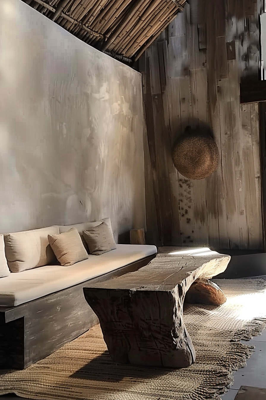 The scene shows a rustic interior design with natural materials. There is a long, low bench with a white cushion and some pillows against a white textured wall on the left. In the center, there is an organic-shaped wooden table with unique grain patterns. The right wall is made of vertical wooden planks, some darker than others, and there is a round woven basket hanging on the wall. The floor is covered with a large, woven mat, and sunlight filters into the space, creating a serene atmosphere. The ceiling is composed of bamboo or similar materials, hinting at traditional or eco-friendly construction. Rustic wooden bench, table and woven decor in a tranquil sunlit room with natural materials.