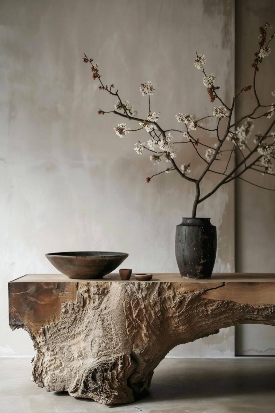 The scene shows a rustic wooden table with a raw, natural edge, revealing the intricate textures of the wood. On top of the table, there is a large, shallow ceramic bowl alongside two smaller, cup-like vessels. These items possess an earthy and handcrafted appearance. A tall, dark vase sits on the table as well, containing a sparse arrangement of branches that have blossomed with small white flowers, providing a delicate contrast to the otherwise monochromatic and textured setup. The overall composition exudes a sense of wabi-sabi, a Japanese aesthetic centered around the acceptance of transience and imperfection. Rustic wooden table with ceramic bowl and vase with blossoming branches, evoking wabi-sabi aesthetics.
