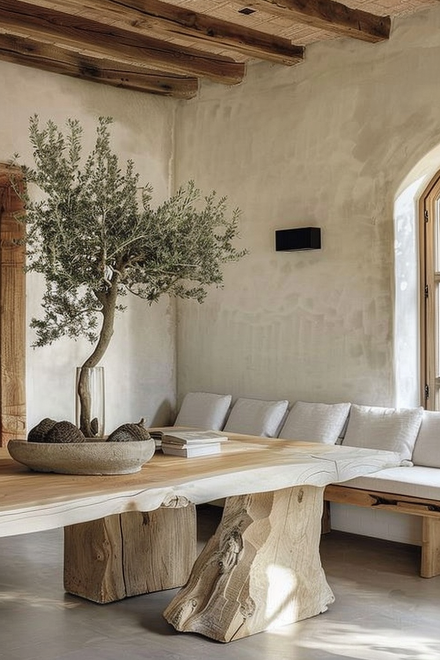 The scene is set in a rustic and elegant interior space. An olive tree is prominently displayed in a large bowl on top of a natural wooden slab table with an organic, uneven shape. Two of the table's legs are also visible, with one resembling a rough wooden stump, which adds to the table's natural aesthetic. On the table, there are also some books stacked neatly beside the tree. A built-in bench with cushioned seating runs alongside the table, equipped with several soft pillows for added comfort. Above the bench is a wall-mounted air conditioning unit. The walls exhibit a textured plaster finish, and above, exposed wooden beams add to the warm, rustic charm of the space. Light streams in through the doorway on the right, illuminating the serene setting. Rustic dining area with natural wooden table and built-in bench, featuring an olive tree centerpiece.