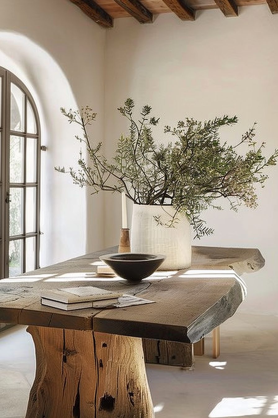 The scene is a serene interior space with rustic and minimalist decor. A sturdy, rough-hewn wooden table stands in the center, its surface adorned with a large ceramic vase holding an arrangement of olive branches that add a touch of greenery to the room. Beside the vase, a simple dark bowl contrasts with the light color of the table. On the table, there are also a few books or journals spread out, suggesting a place of quiet study or contemplation. The room is bathed in soft, natural light that enters through an arched window with a classic design, complementing the warm tones of the wood and the earthy hues of the ceramics. Visible in the background, the smooth, white walls and the subtle texture of a beige rug on the floor contribute to the calming atmosphere. Exposed wooden beams on the ceiling provide a hint of traditional architectural elements, enhancing the rustic charm. Rustic wooden table with olive branches in a vase and a dark bowl, under soft natural light.