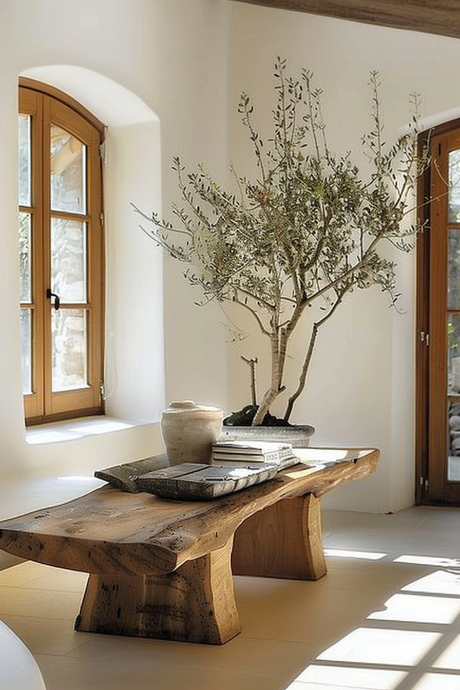 A bright room with a rustic wooden table holding an olive tree, a pottery vase, and several books, near an open window with sunlight. A rustic wooden table with an olive tree and books in a sunlit room near an arched window.