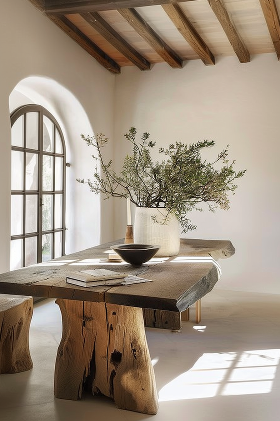 The scene features a spacious, sunlit room with a rustic wooden table as its centerpiece. The table has a rugged, natural design with thick, unrefined legs and a broad, uneven surface. On this table, there's a large ceramic vase holding a wild-looking branch with small leaves, contributing to the room's organic aesthetic. Accompanying the vase are two small bowls, one of which is deep and dark, the other smaller and lighter. Scattered on the table are a few open books, adding a touch of intellectual charm. The room has a calm ambiance, emphasized by the soft glow of natural light streaming through the tall arched window, which highlights the room's clean, white walls and the traditional wooden ceiling beams. The simplicity and tranquility of the image suggest a serene and contemplative space. Rustic wooden table with a vase of branches, books, and bowls in a serene room with natural light.