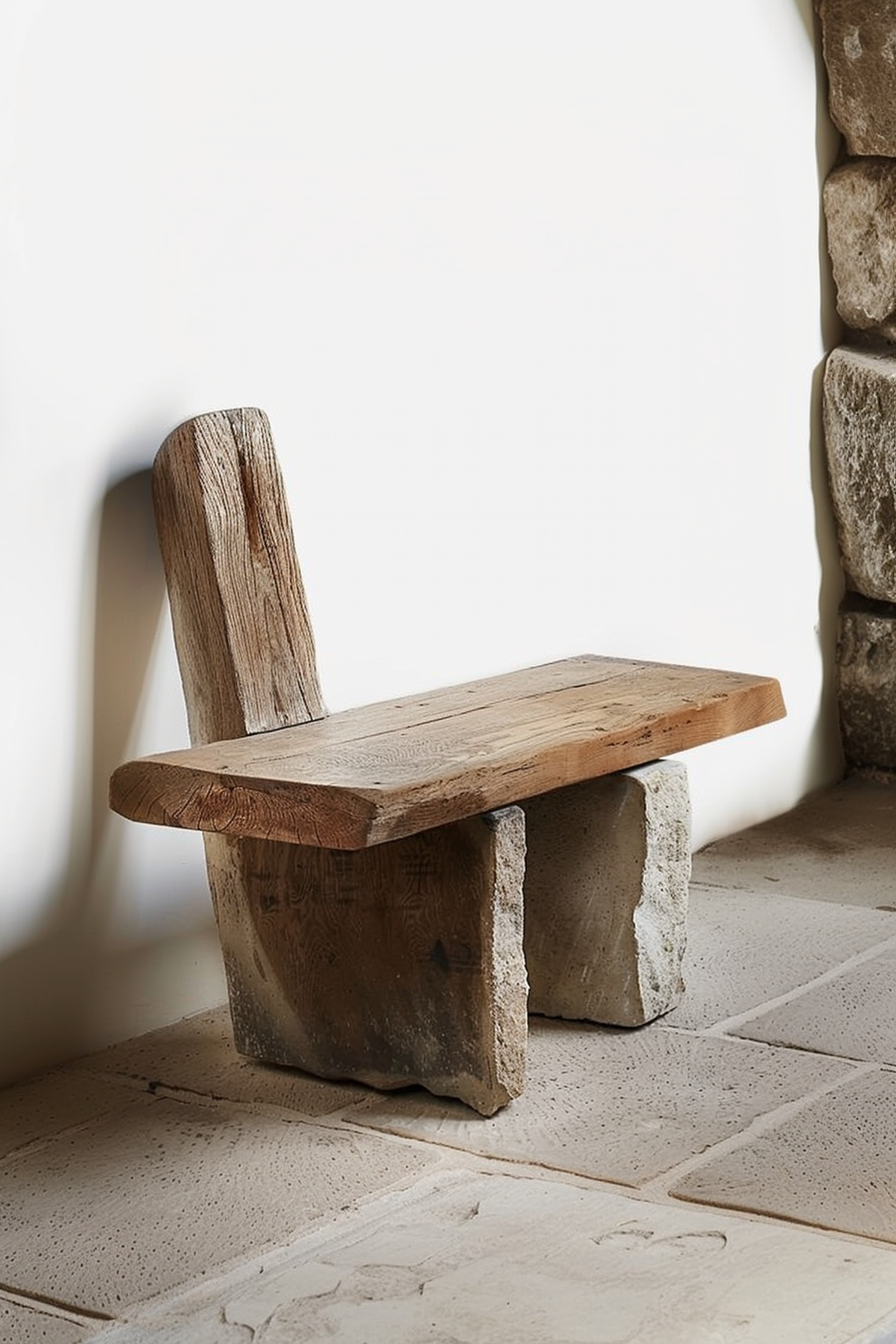 The scene presents a rustic wooden chair with a simplistic design, consisting of a flat seat and a straight backrest, mounted on two solid, rough stone bases. The chair is placed on a tiled floor next to a white wall and a corner with stone cladding, creating a natural and minimalist aesthetic. Rustic wooden chair with stone supports by a stone wall corner on a tiled floor.