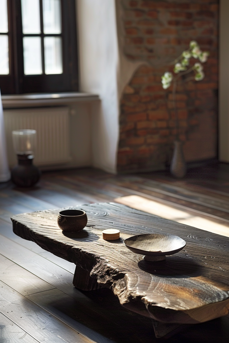 The photograph captures a rustic interior with natural lighting. A rough-hewn wooden table rests prominently in the foreground, adorned with a small dark bowl, wooden lid, and black shallow dish. The floor consists of wide planks that show signs of aging. In the softly lit background, there is a white radiator against a wall with a tall window, through which light streams in, and a brick wall is partially seen. An ornamental plant in a vase is placed near the window, and a large dark-colored vase sits on the floor beside the radiator. Rustic wooden table with pottery in a room with natural light, brick wall, and vintage decor.