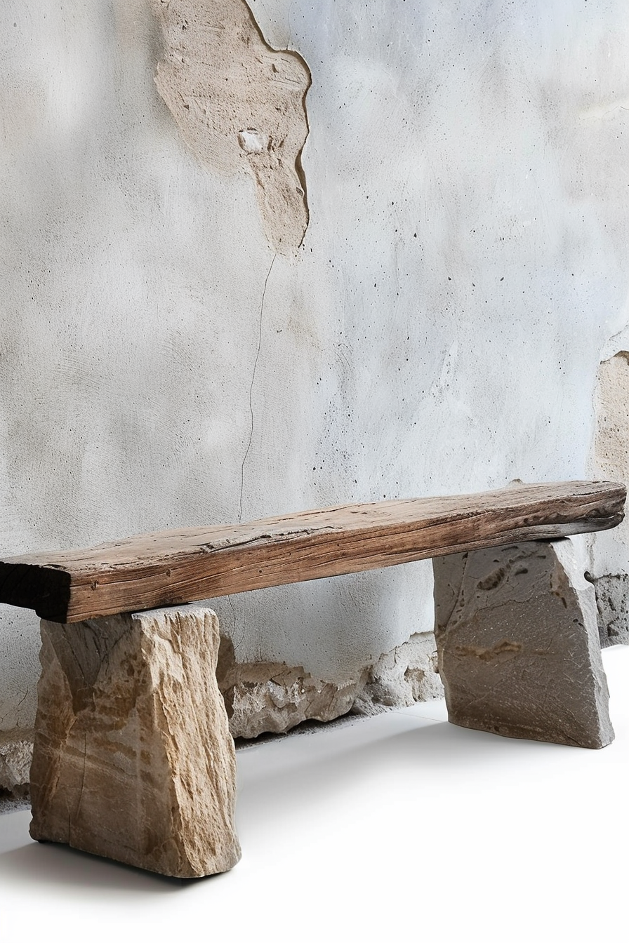 The scene shows a rustic wooden bench supported by two uneven stone blocks. The bench is set against a white wall with a rough texture and patches of peeling plaster revealing an underlying brown layer. The visual suggests a minimalist and natural aesthetic, perhaps within a contemporary or country-style setting. Rustic wooden bench on stone supports against a textured white wall with peeling plaster.