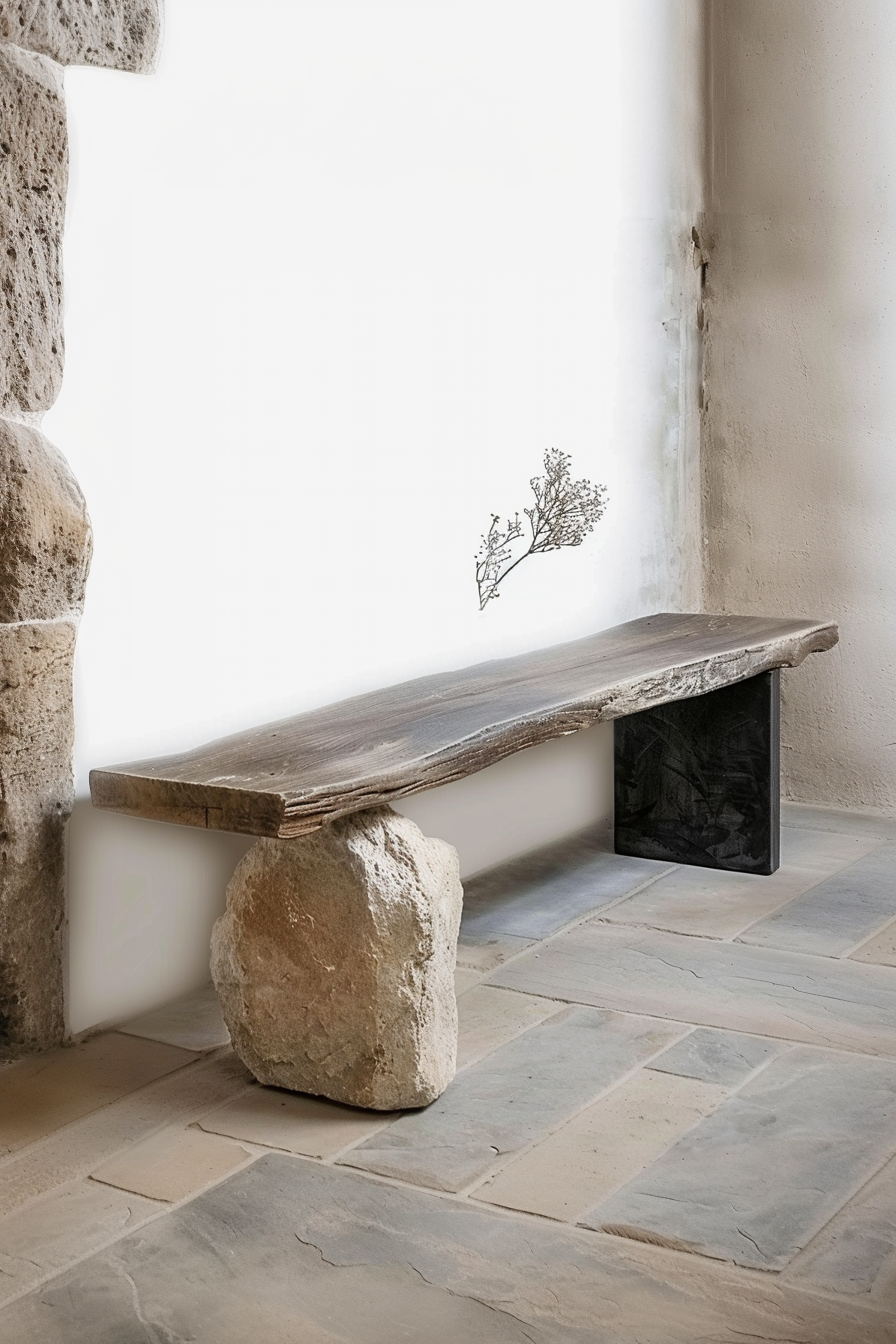 The photo shows a minimalist bench design comprised of a long, rustic wooden plank supported on one end by a rough-hewn stone block and on the other by a sleek, dark metal cuboid. This unique piece of furniture is placed against a white wall next to a large window bathing the space in light, with a tiled stone floor underneath. A simple, delicate plant with thin branches and small leaves is placed on top of the bench, adding a touch of nature to the scene. Minimalist bench with wooden plank, stone block, metal support and a small plant next to a bright window.