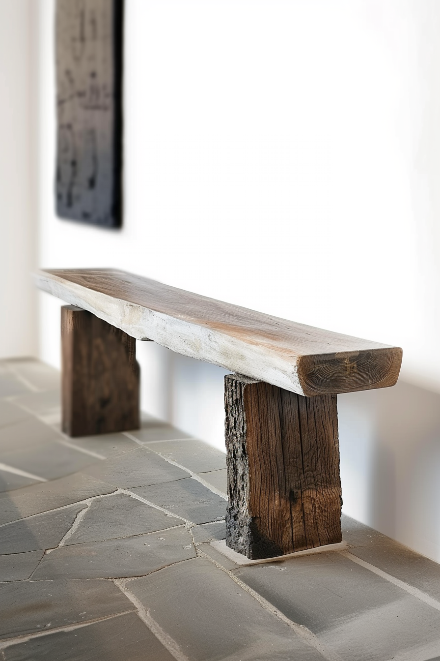 The scene shows a minimalist wooden bench set against a neutral-colored interior. The bench top is a single, long, polished and lightly colored wooden plank that rests on two crude, dark, squared timber supports. It is situated on a floor with large, gray flagstones that meet in off-set junctions, and is positioned near a white wall to the right. A blurred artwork hangs on the wall in the background on the left. Minimalist wooden bench with polished top and rustic timber legs in a neutral interior setting.