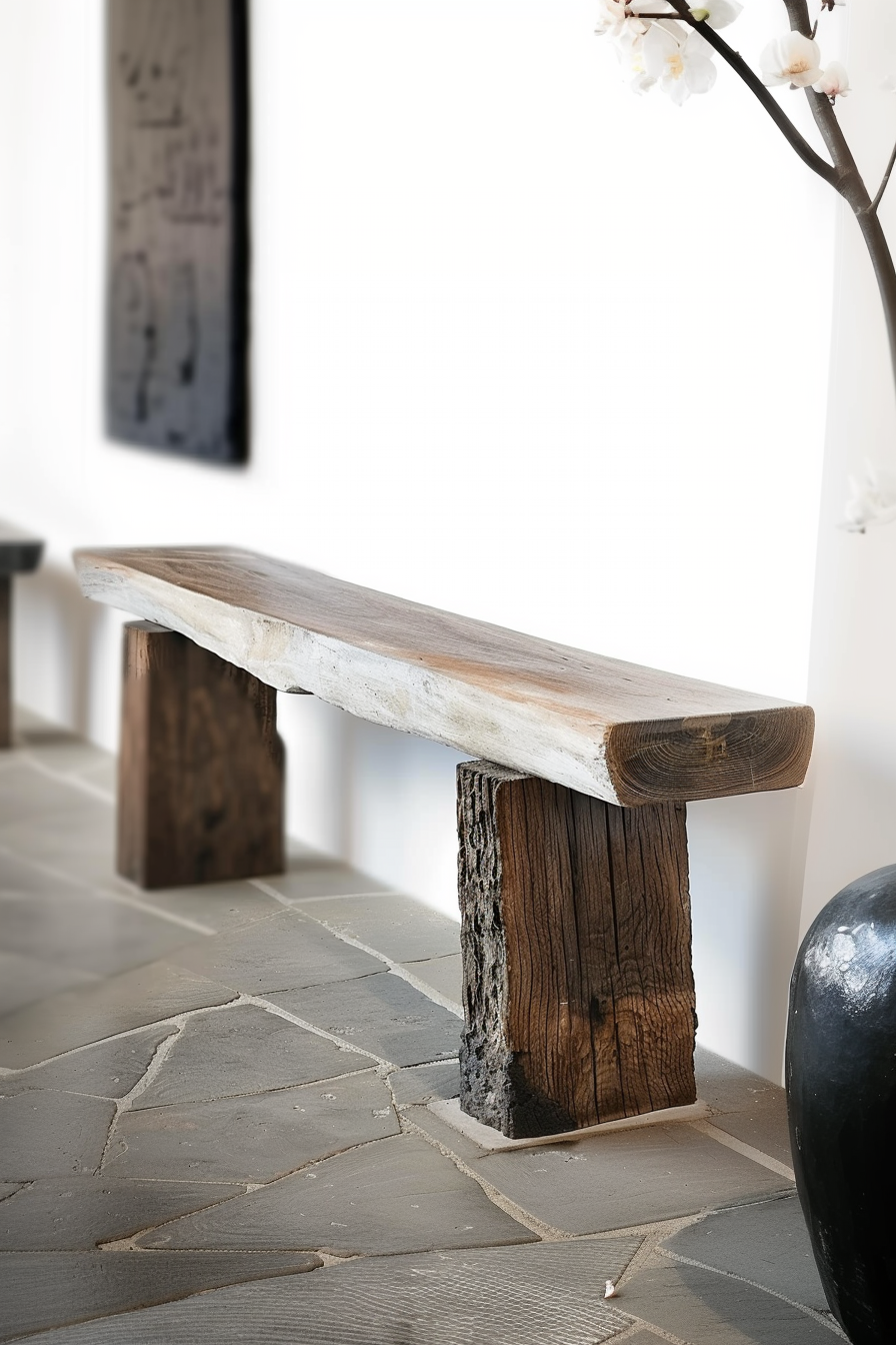 The scene shows a rustic wooden bench positioned in an indoor setting. The bench has a natural, uneven top surface and is supported by two sturdy legs made of logs or beams with contrasting textures. One leg appears weathered and rough, while the other seems to have a smoother surface with visible tree rings. The floor has stone tiles laid out in an irregular pattern, contributing to the natural, earthy aesthetic. In the background, there's an out-of-focus wall with a framed artwork and a delicate branch from a flowering plant, likely an artificial cherry blossom, gently arching into the frame from the top right corner. A round, dark object, possibly a decorative vase or sculpture, is partially visible on the right side of the bench, on the floor. Rustic wooden bench with natural edges and log supports in an elegant indoor setting.