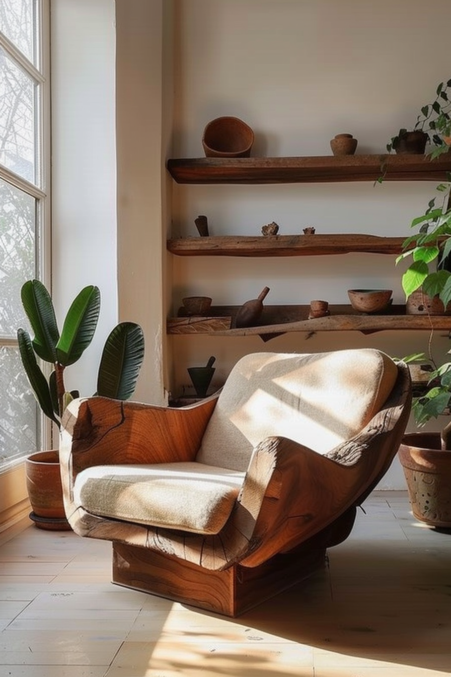 The scene shows a cozy corner of a room basked in soft sunlight filtering through a window. On the right, an inviting wooden armchair with plush cushions is draped with a cream-colored blanket. Floating wooden shelves adorn the wall to the left, holding a variety of rustic pottery pieces, enhancing the room's natural, serene vibe. A healthy potted plant with large green leaves adds a touch of life and color near the window, creating a peaceful and relaxing atmosphere. Cozy room corner with wooden chair, shelves with pottery, and a potted plant in sunlight.