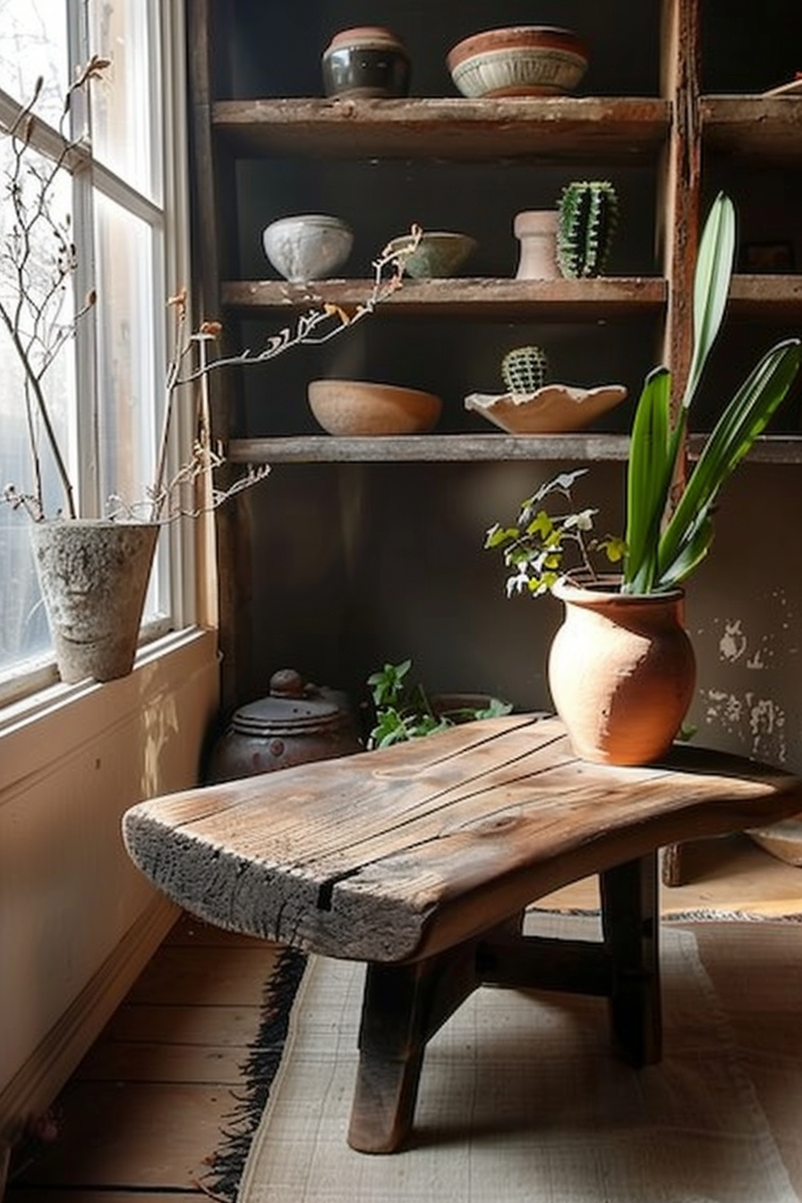 In front of a large window with sunlight filtering through, an old-style wooden bench appears, its surface showing signs of wear. The bench is positioned on a woven rug. A rustic shelving unit stands next to the window, holding various pottery items, including bowls and planters, some of which have houseplants in them. The ambiance evokes a cozy, vintage feel with earthy tones and natural light warmly embracing the room. Rustic wooden bench by a window with sunlight, next to shelves with pottery and plants.