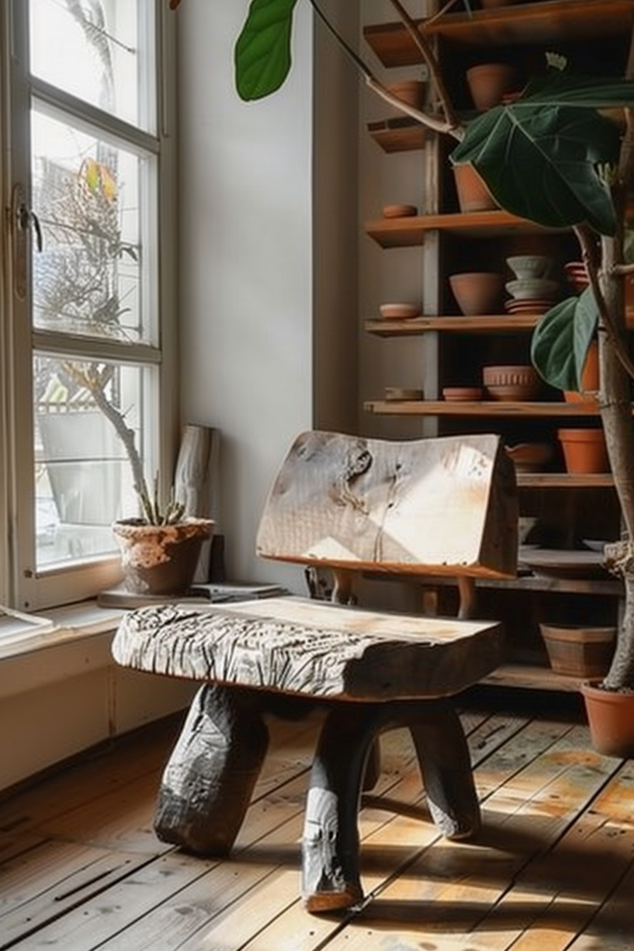 In the scene presented, there's a cozy corner of a room bathed in natural light filtering through a large window. A rustic wooden bench with a patterned cushion on its seat sits invitingly near the window, flanked by lush houseplants in terracotta pots, which are placed on the floor and on wooden shelving along the wall. The hardwood flooring and the warm sunlight contribute to the serene and homely atmosphere of the space. Rustic wooden bench by a window with plants on shelving and sunlight casting patterns on the floor.