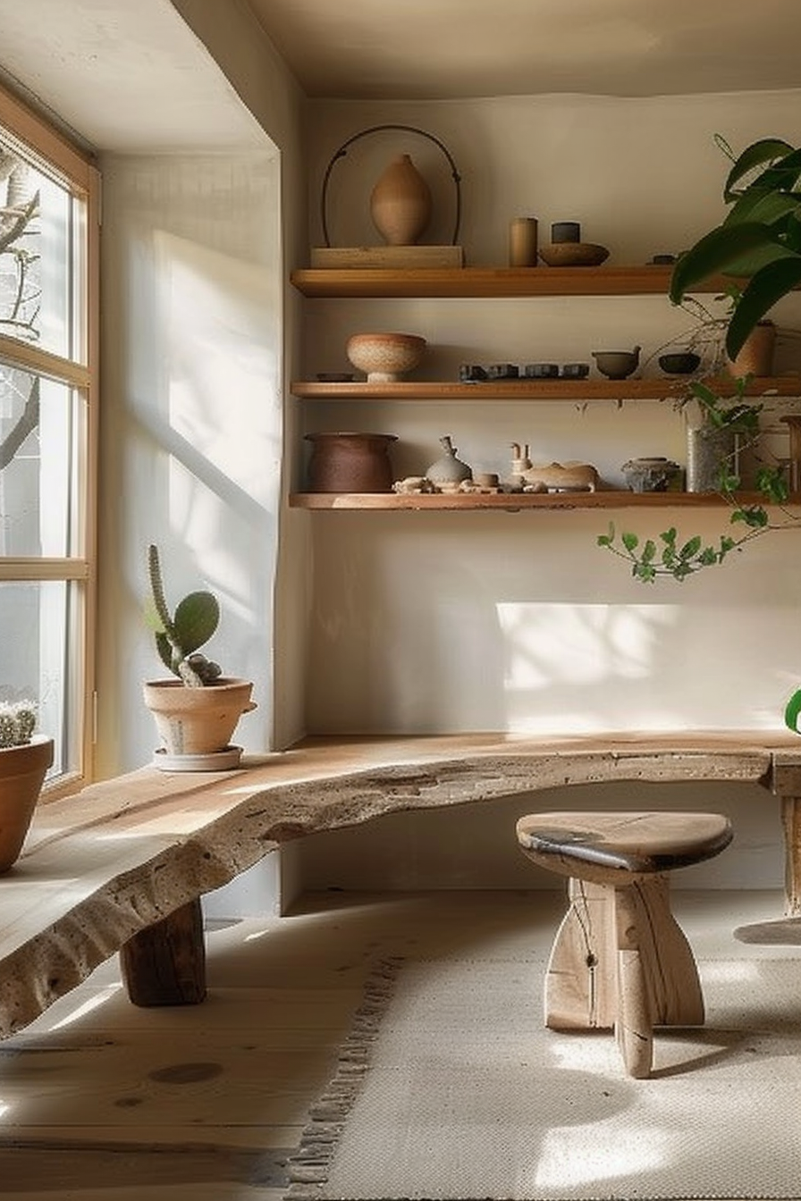 The scene is of a cozy interior space bathed in soft natural light. There are open shelves on a wall displaying an assortment of pottery and objects that create a warm, earthy aesthetic. Below, a live-edge wooden bench curves gracefully along the room, accompanied by a small stool with a similar rustic design. Potted plants are interspersed throughout the room, adding a touch of greenery and life. Large windows invite sunlight in, casting dynamic shadows across the textured rug on the floor, contributing to the tranquil ambiance. Warm sunlit interior with rustic furniture, pottery, and indoor plants.