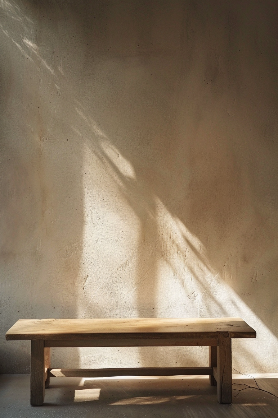 The scene displays a wooden bench positioned against a textured wall with sunlight casting dynamic shadows across the surface. The sunbeam creates a pattern of light and shadow on the wall and the floor, giving the space a serene and contemplative ambiance. Wooden bench in a serene corner with sunlight casting shadows on a textured wall.