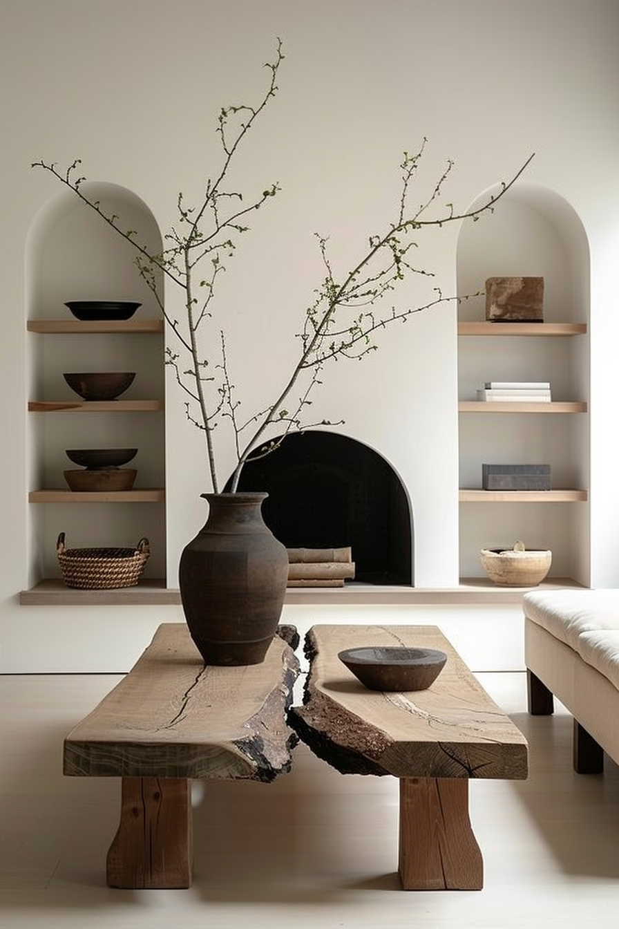 A rustic wooden table with a large dark vase holding budding branches dominates the foreground. Behind it, a built-in shelving unit displays a selection of bowls and books. The shelving flanks a recessed archway containing a dark fireplace and a wicker basket with firewood. The room's palette is neutral with beige walls and a cream floor. Minimalist interior with natural wood furniture and neutral tones.
