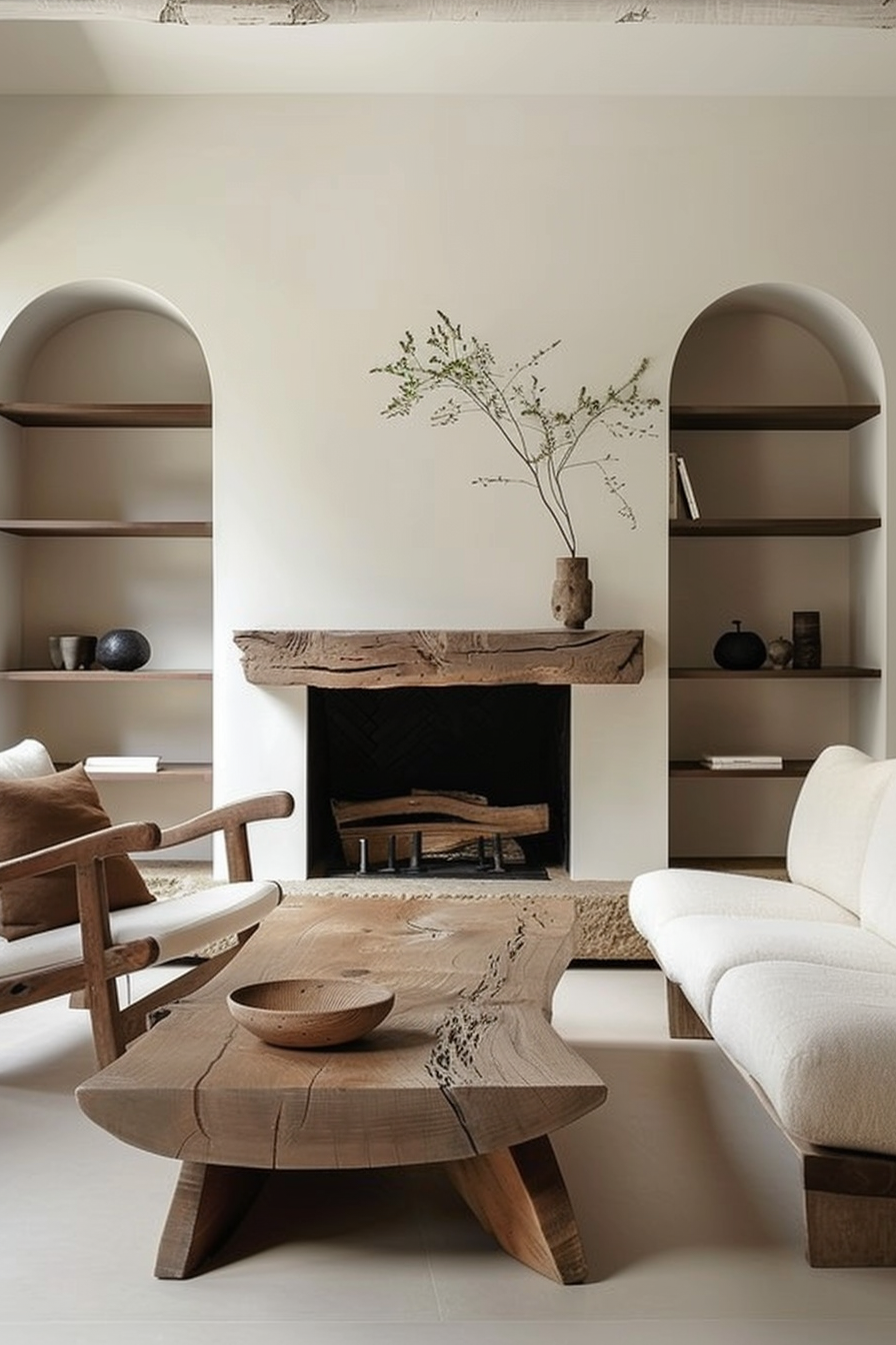 The scene presents a cozy interior with a natural and minimalist design featuring an off-white color scheme. In the center is a rustic, wooden coffee table with a unique organic form and textured surface. On top of it, there is a small wooden bowl. To the left, there is a modern wooden armchair with cushions, and to the right, a contemporary white sofa, both contributing to a relaxed atmosphere. In the background, there's a rough-hewn wooden fireplace mantel, with an empty fireplace below framed by a black interior. Flanking the fireplace are built-in arched bookshelves, sparsely filled with a few decorative items. A tall, slender vase with delicate branches sits atop the mantel, adding a touch of nature to the space. Cozy interior with fireplace, rustic coffee table, armchair, sofa, and minimalist decor.